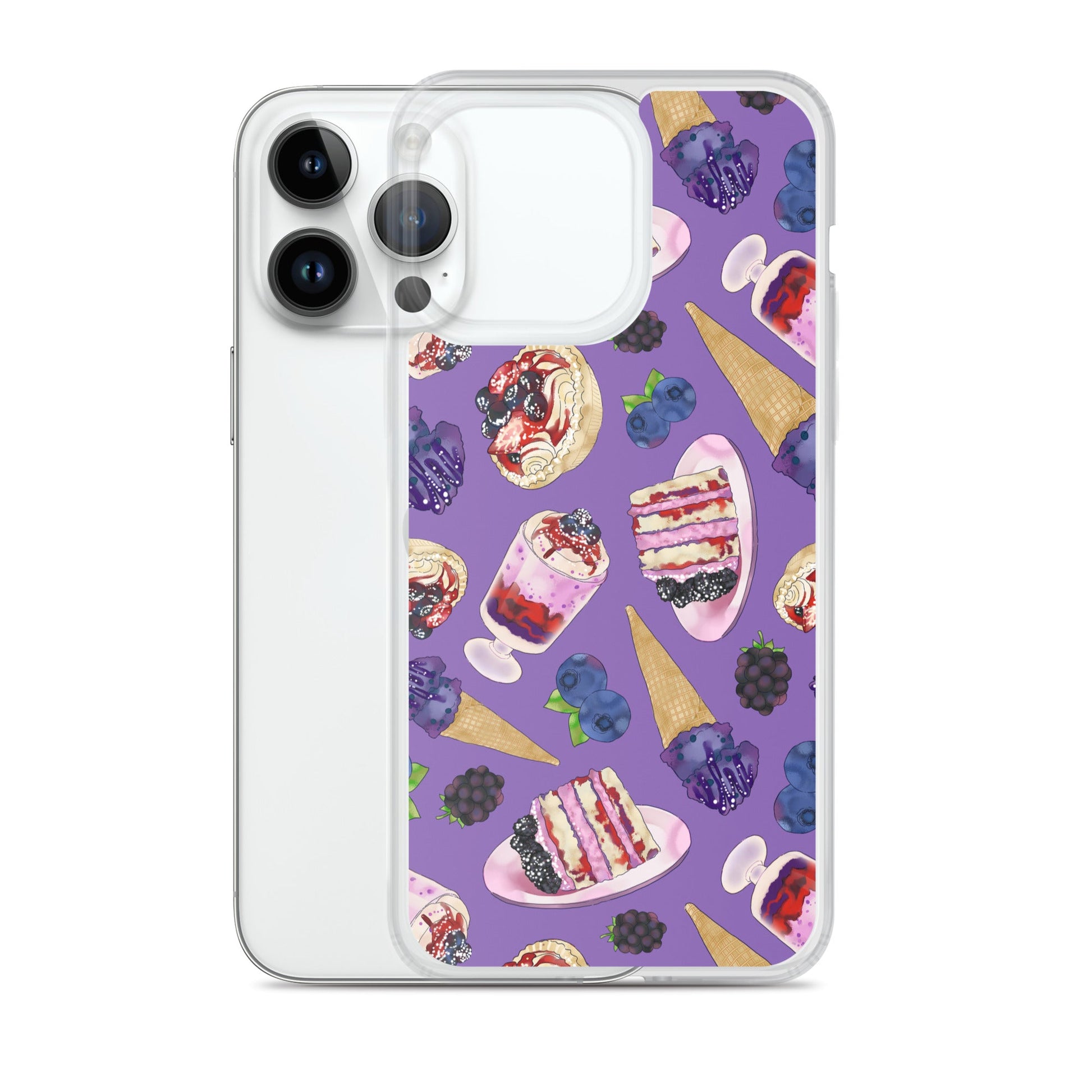 Berry iPhone® Clear Case featuring a vibrant dessert design, offering protection from scratches and easy access to ports.