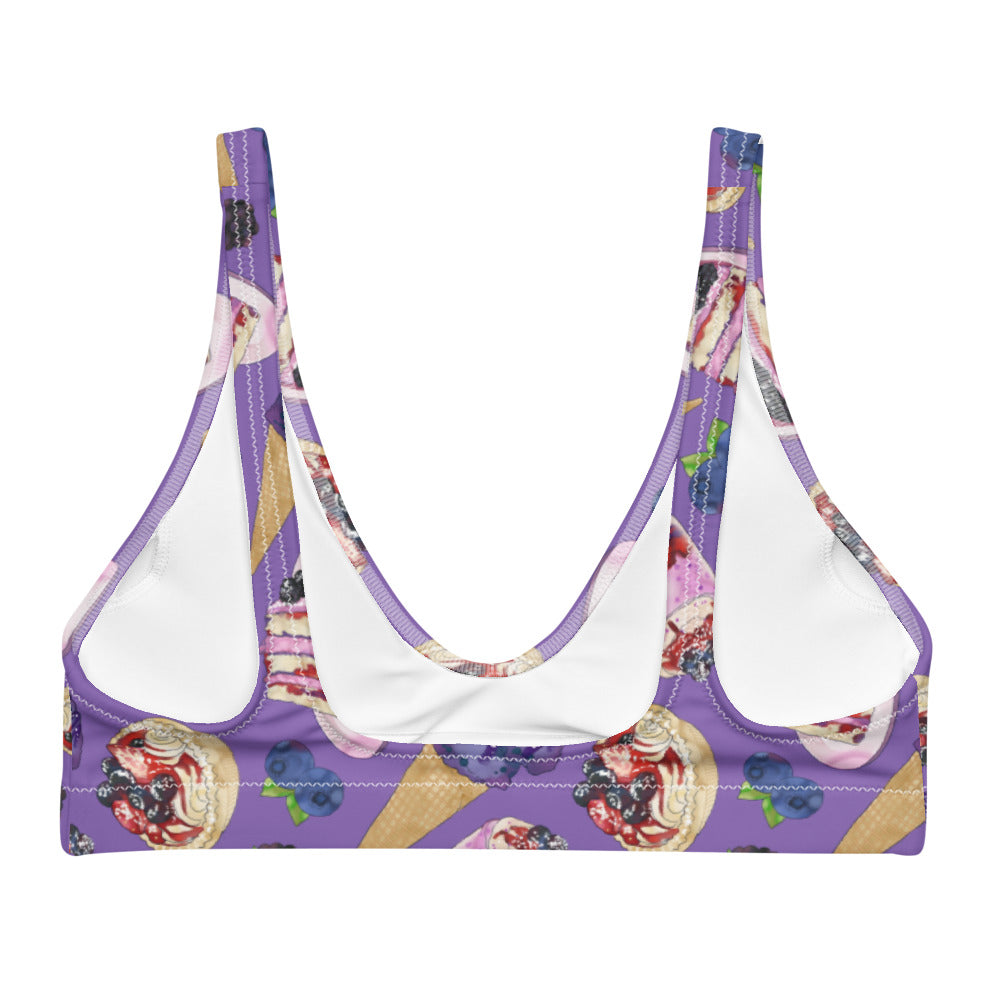 Violet Berry Padded Bikini Top featuring a fun dessert print, perfect for a stylish summer wardrobe.