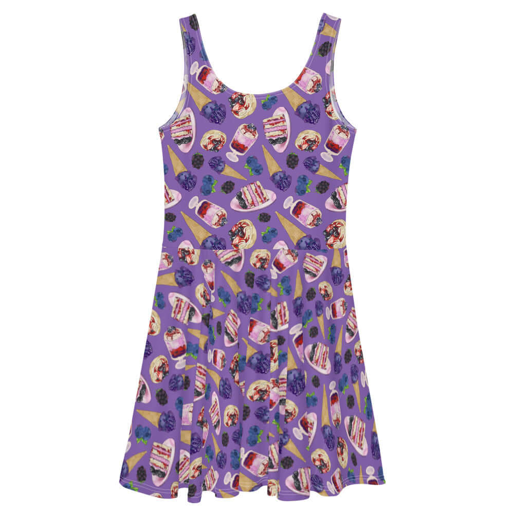 Vibrant Berry Skater Dress with playful dessert prints, perfect for summer twirls and standout style.