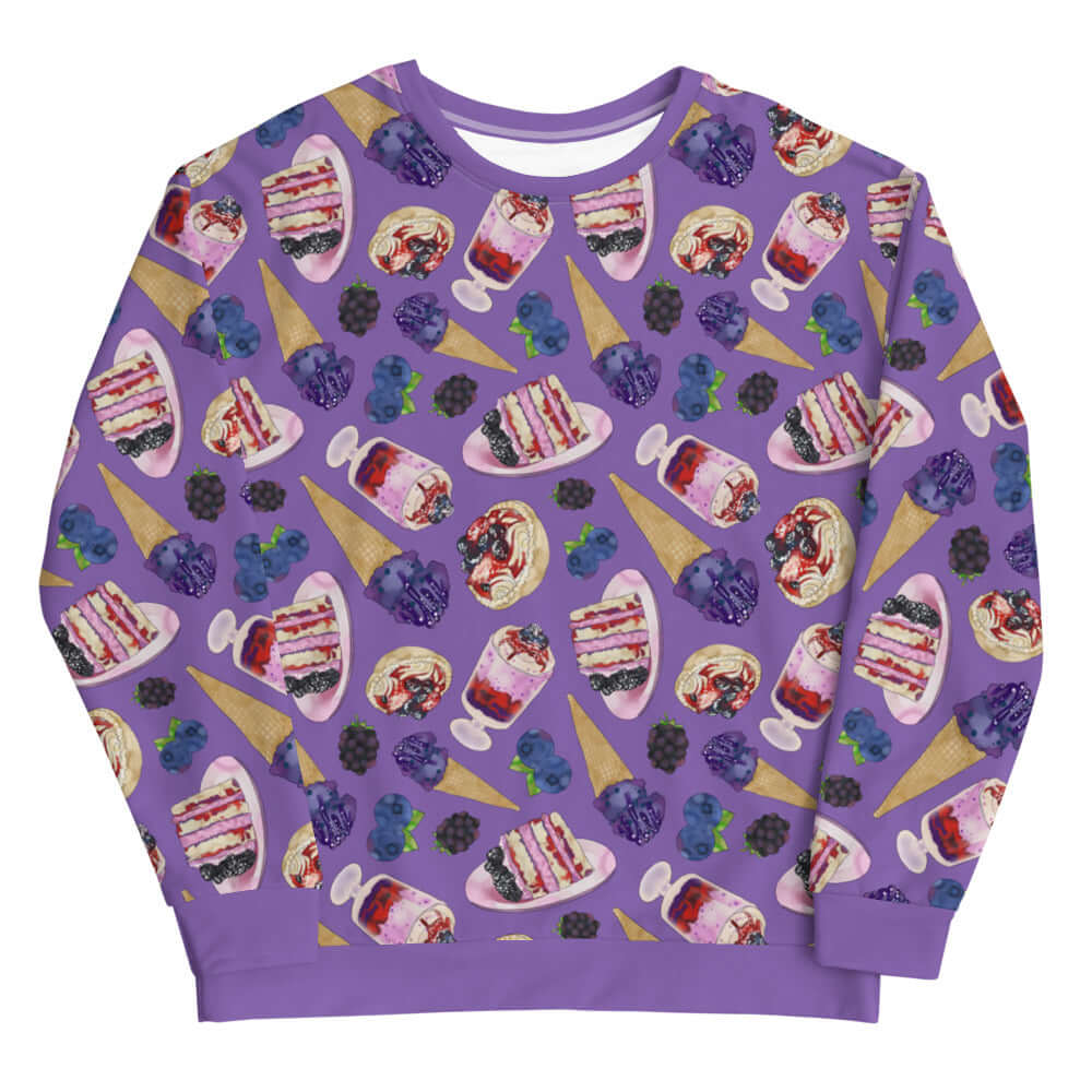 Stylish Berry Sweatshirt featuring playful berry and dessert patterns, perfect for casual outings and workouts.
