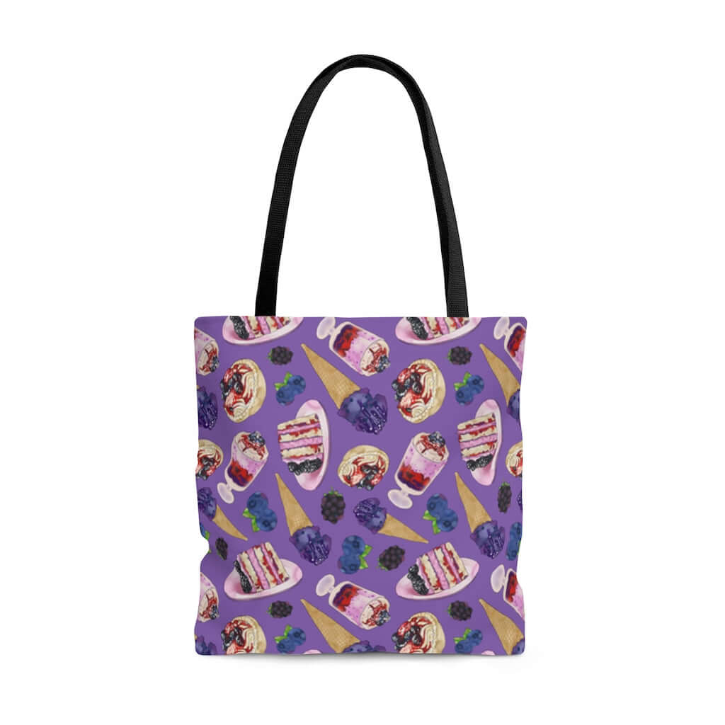 Colorful Berry Tote Bag featuring vibrant fruits and desserts, perfect for on-the-go style and convenience.