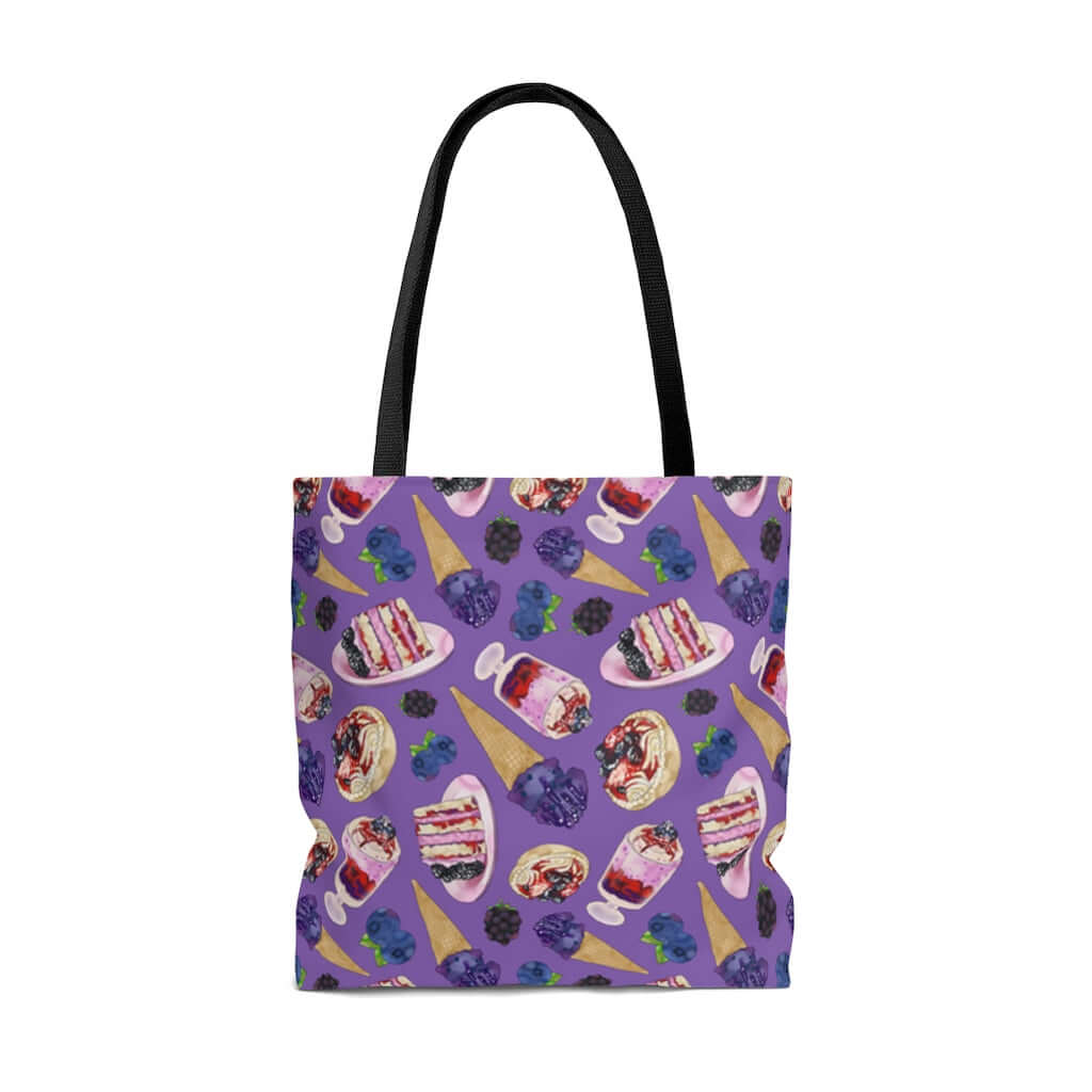 Colorful Berry Tote Bag featuring delightful desserts and fruits, perfect for on-the-go adventures!