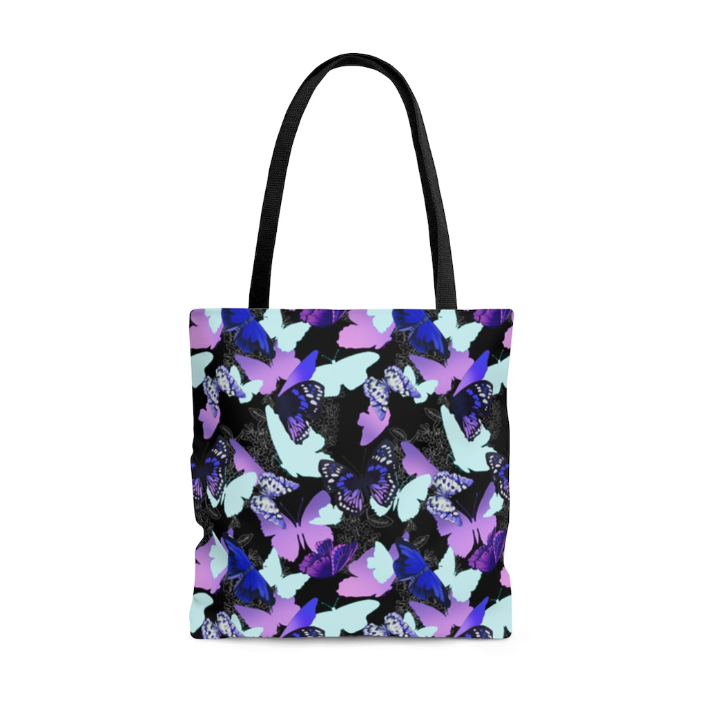 Stylish Butterfly Tote Bag (Black) with vibrant butterfly print, perfect for gym, beach, or daily outings.