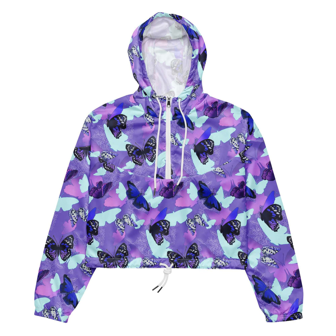 Lightweight and stylish, the Butterfly cropped windbreaker is perfect for rainy adventures with breathable mesh lining.