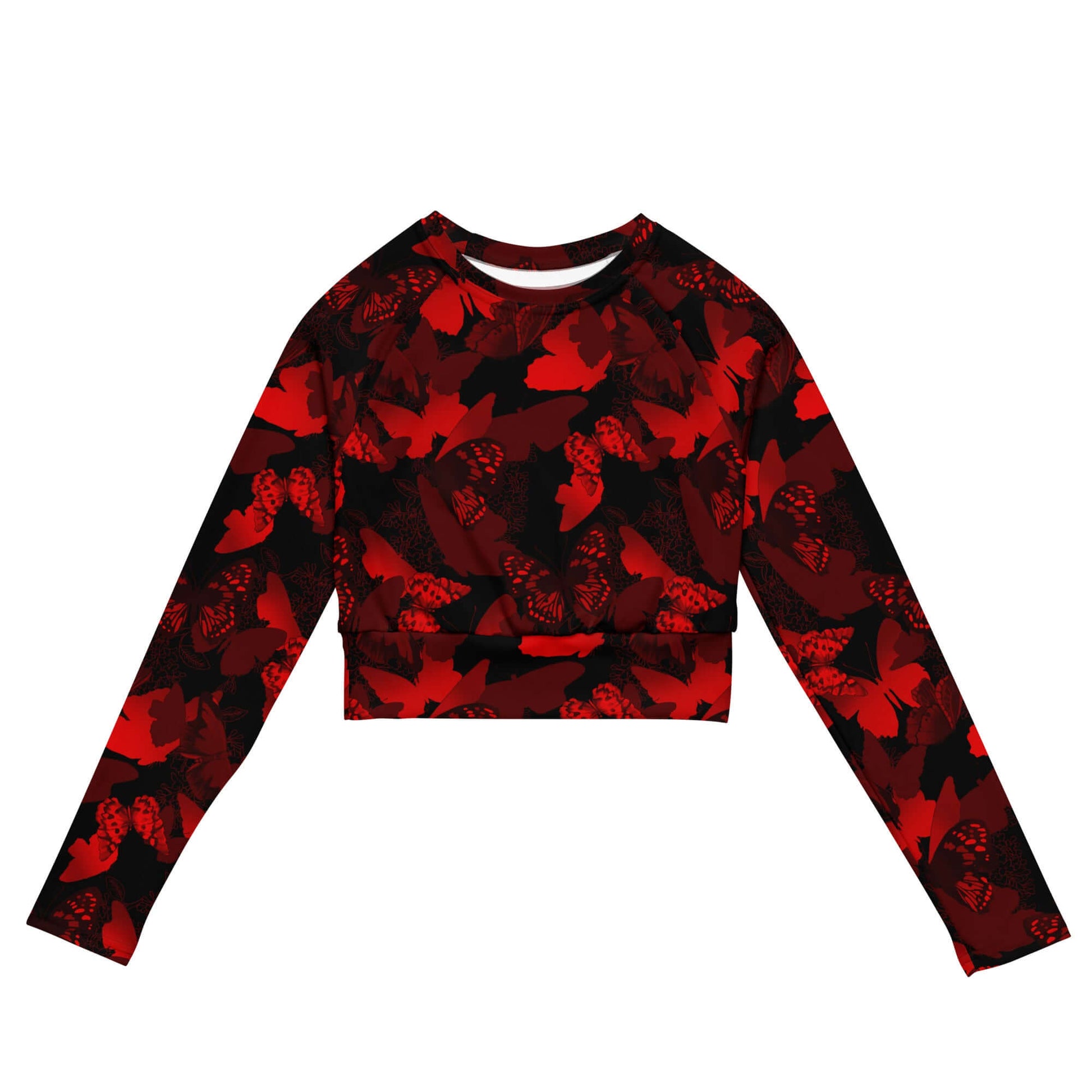 Butterfly Long-sleeved Crop Top in vibrant red, eco-friendly fabric ideal for athleisure and sportswear.