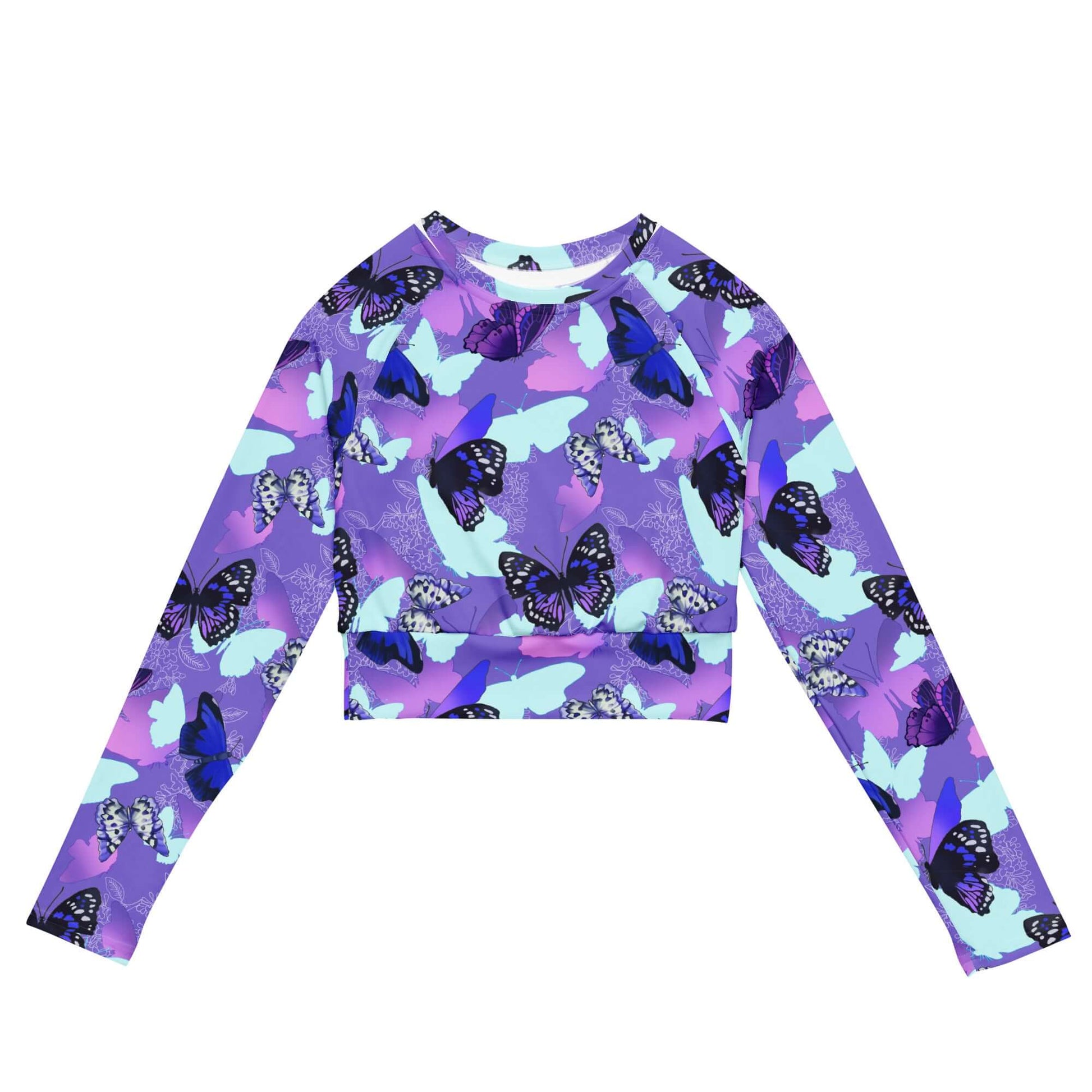 Stylish Butterfly Long-sleeved Crop Top made from eco-friendly materials, perfect for athleisure or sports wear.
