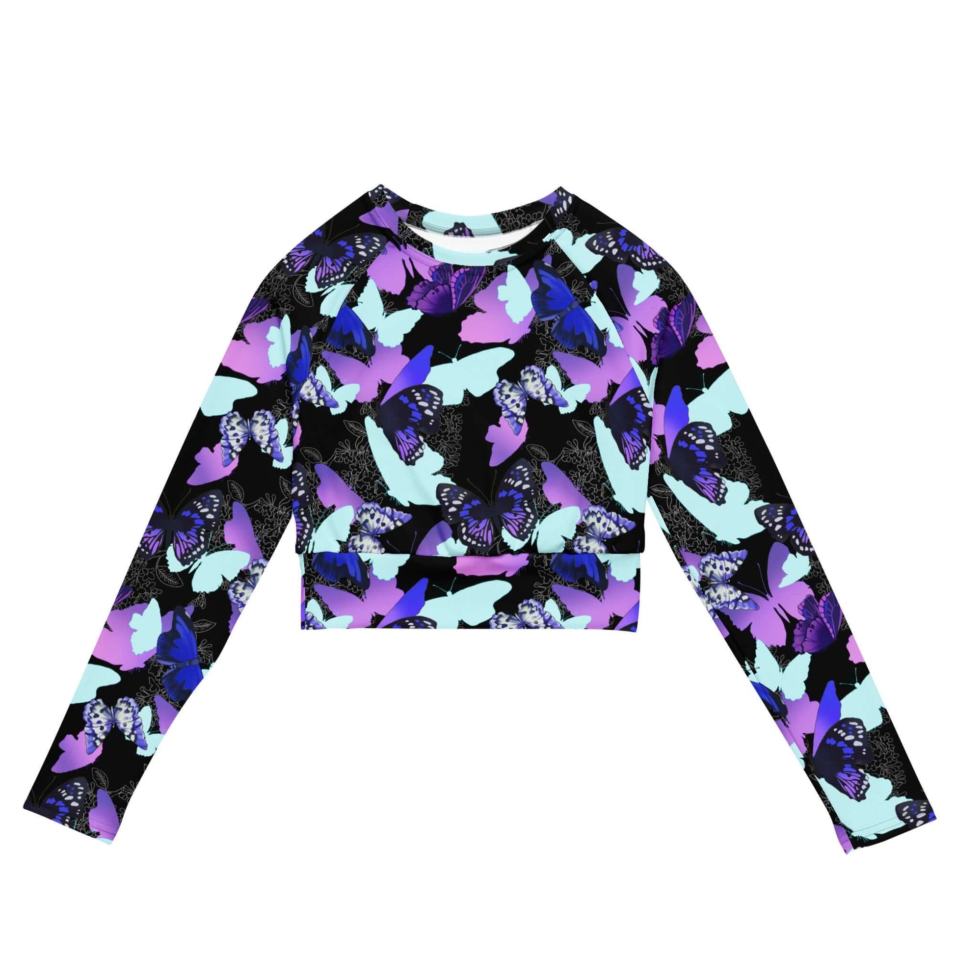 Stylish Butterfly Long-sleeved Crop Top, eco-friendly and perfect for sports and athleisure. Comfortable fit with a vibrant design.
