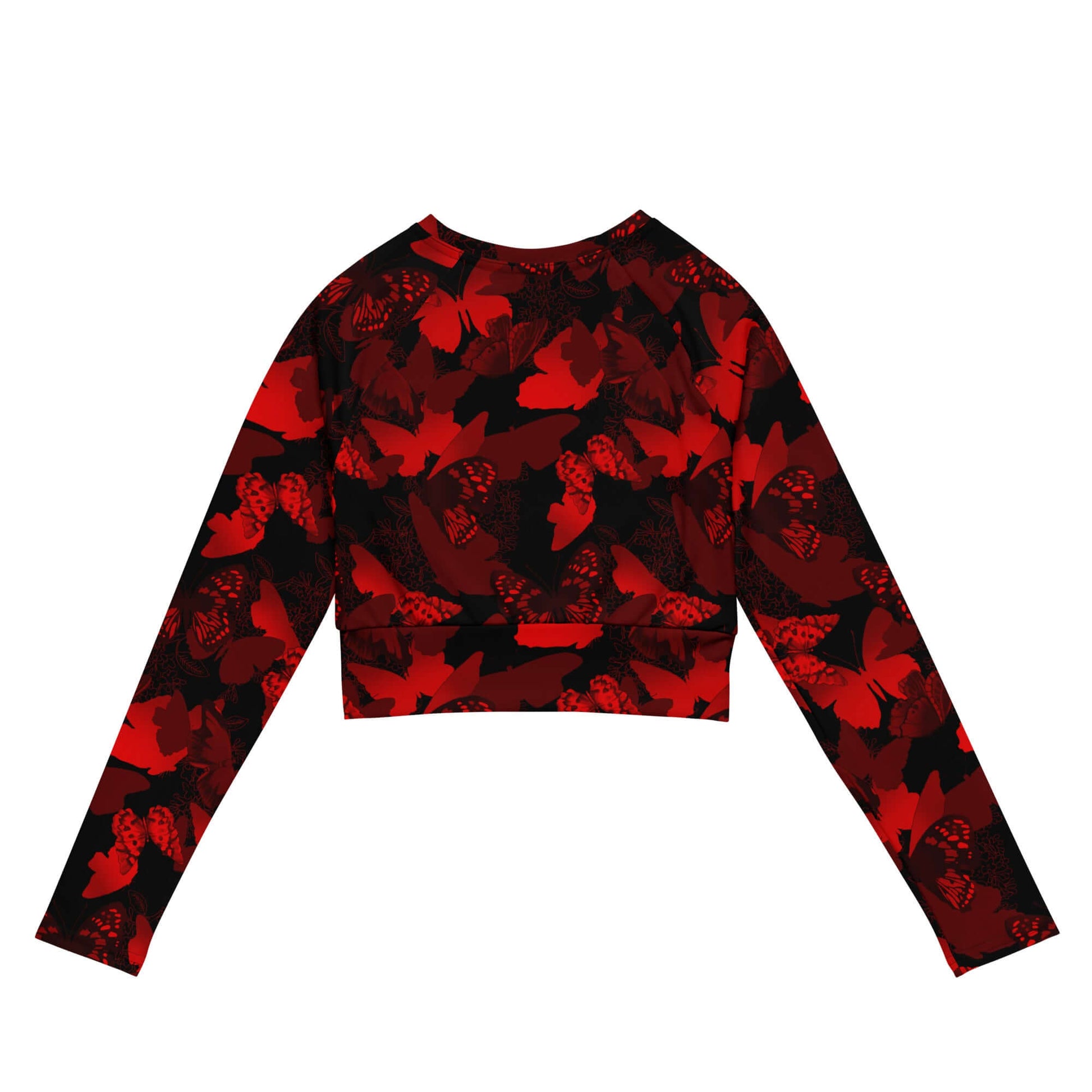 Butterfly Long-sleeved Crop Top in bold red and black butterfly print, perfect for eco-friendly athleisure wear.