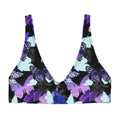 Vibrant Butterfly Padded Bikini Top in black and lavender, perfect for a stylish beach look. Comfortable and removable pads.