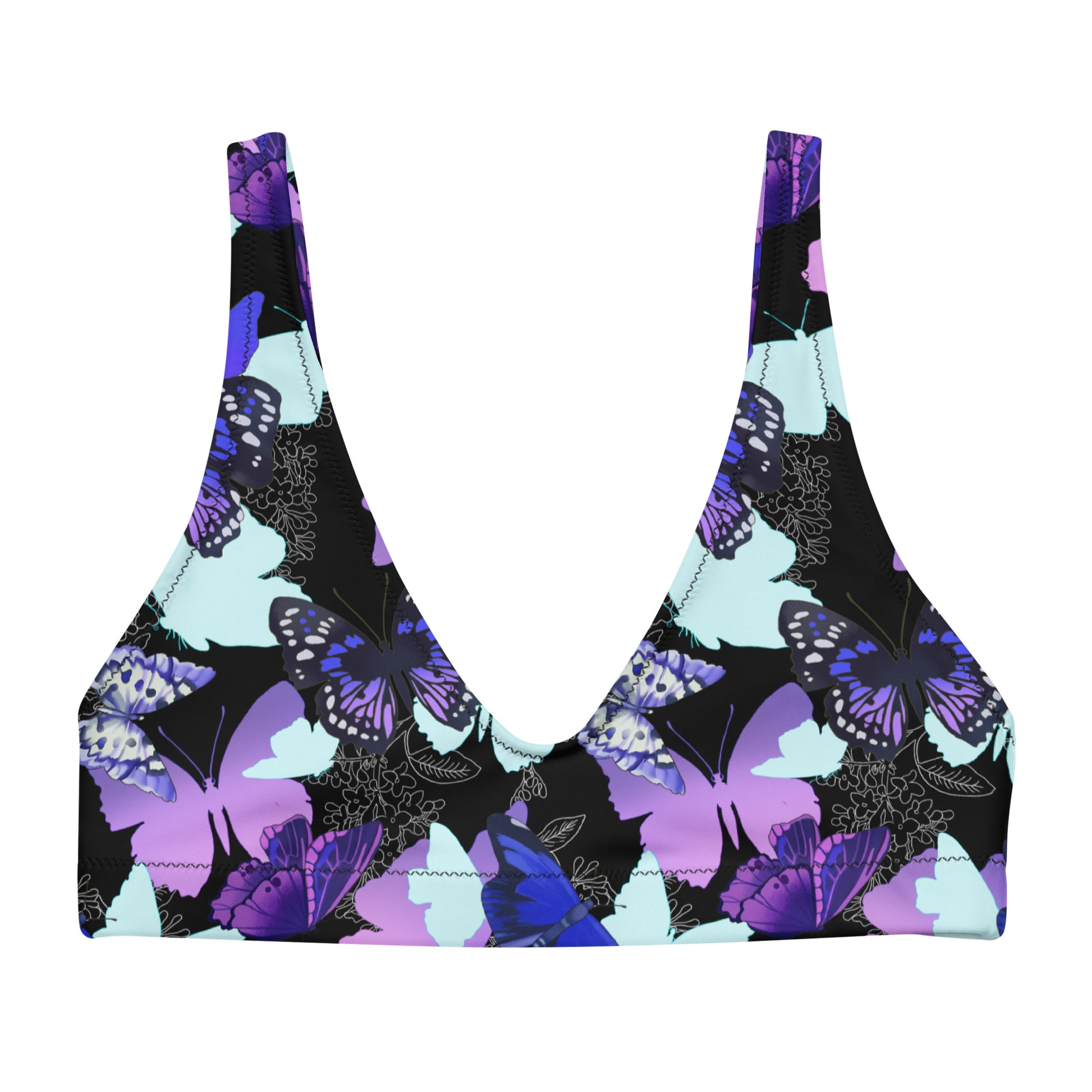 Vibrant Butterfly Padded Bikini Top in black and lavender, perfect for a stylish beach look. Comfortable and removable pads.