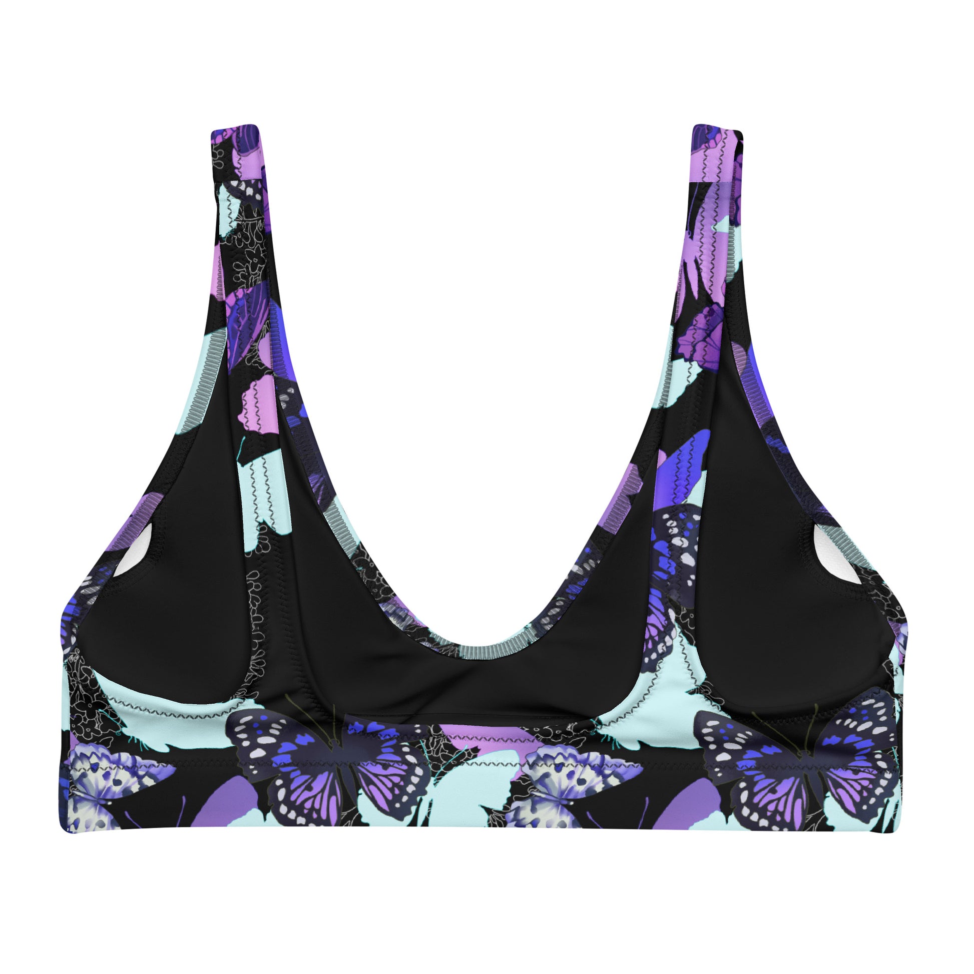 Vibrant Butterfly Padded Bikini Top featuring a playful design in lavender and black, perfect for stylish summer days.