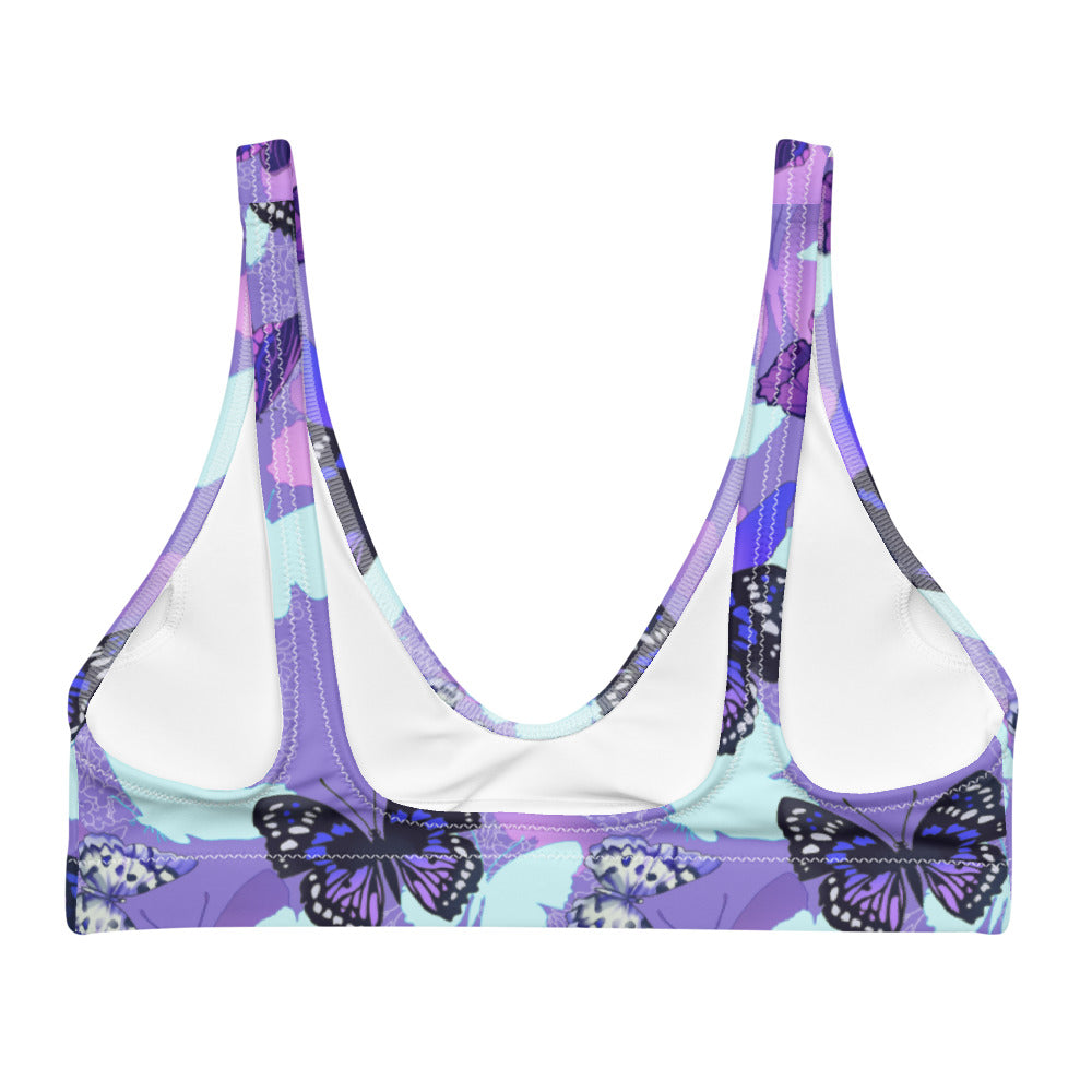 Vibrant Butterfly Padded Bikini Top in lavender, perfect for a stylish beach look. Comfortable and removable pads included.