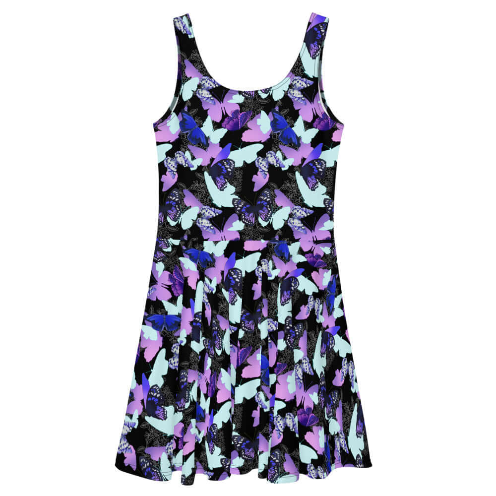 Vibrant Butterfly Skater Dress with a flared skirt, perfect for a girly and elegant look. Ideal for any occasion.