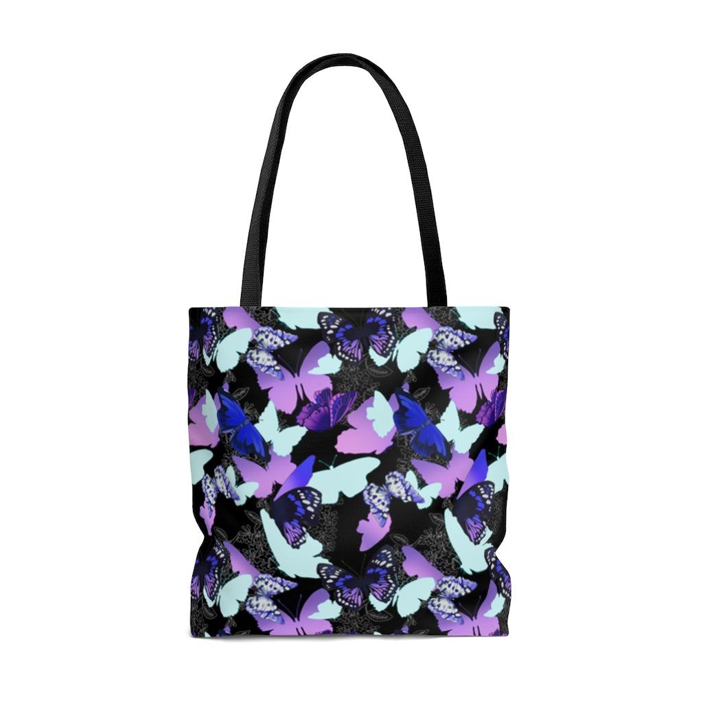 Stylish Butterfly Tote Bag (Black) featuring vibrant butterfly prints, perfect for gym or beach outings.