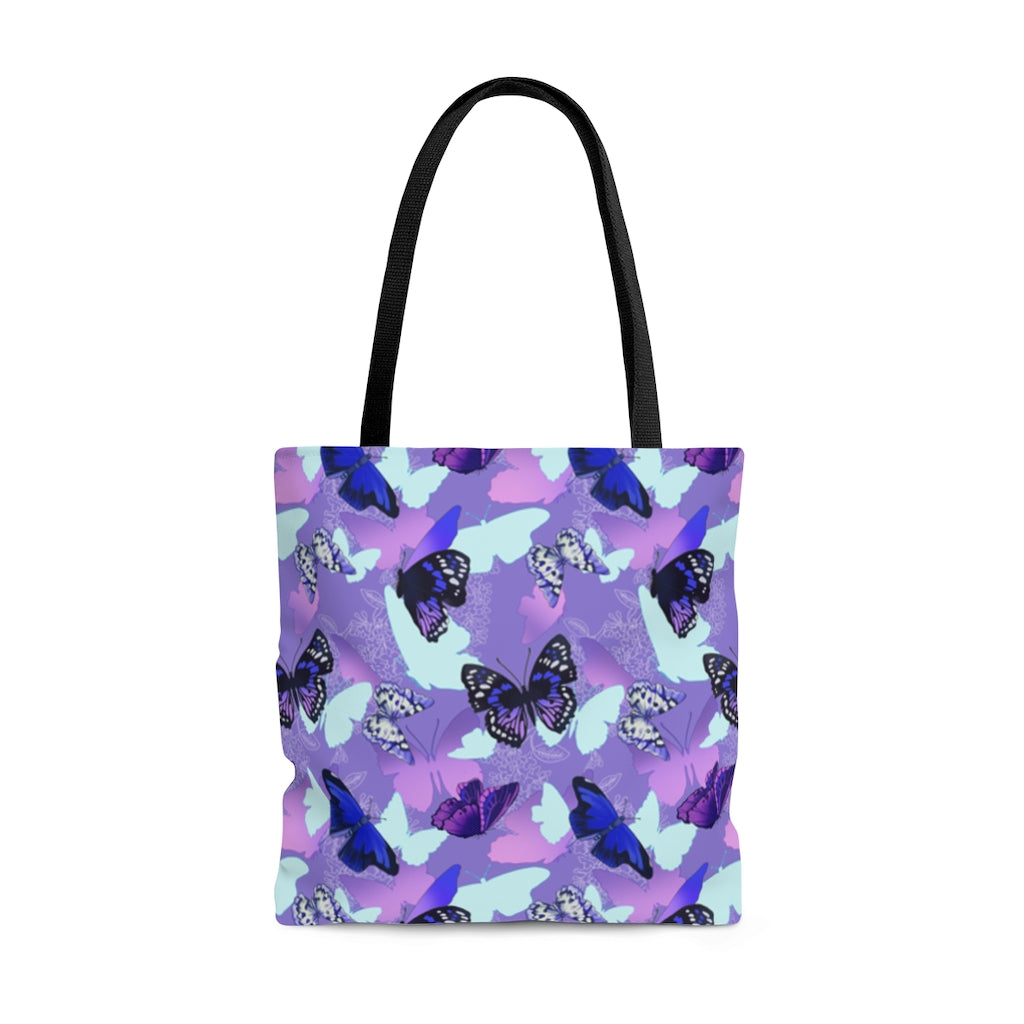 Stylish Butterfly Tote Bag (Purple) featuring a vibrant butterfly print, perfect for beach or gym outings.