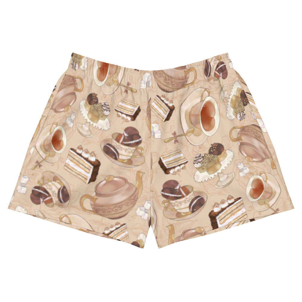 Café Athletic Short Shorts featuring a fun pastry and tea design for stylish comfort on the go. Perfect for any outing!