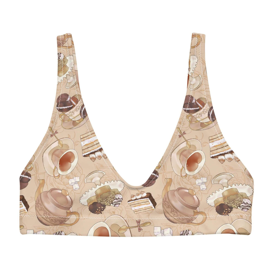 Elevate your summer style with the Café Padded Bikini Top, featuring a chic coffee-inspired print for beach days.