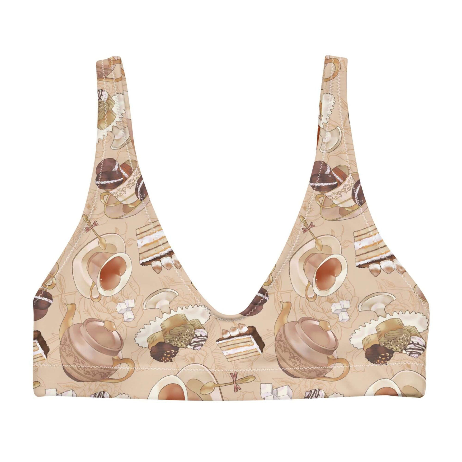 Elevate your summer style with the Café Padded Bikini Top, featuring a chic coffee-inspired print for beach days.