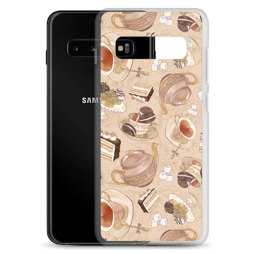 Café Samsung® Clear Case showcases a delightful design with tea and dessert motifs, perfect for any style.