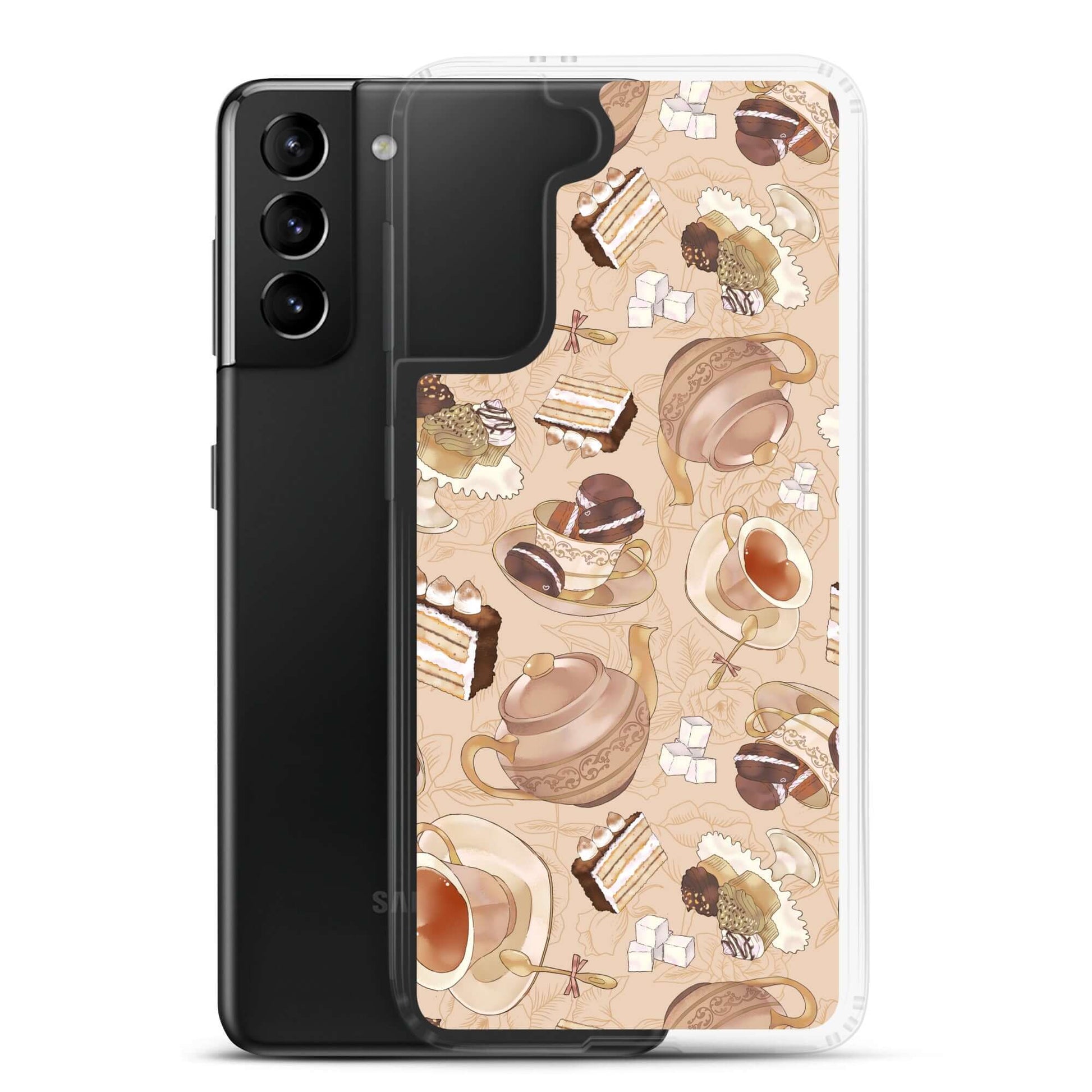 Stylish Café Samsung® Clear Case showcases a delightful pattern, perfect for protecting your Galaxy S21 Plus.