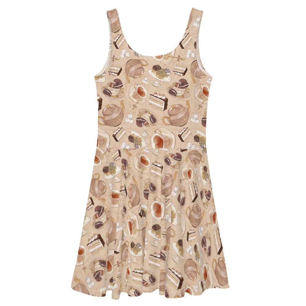 Café Skater Dress features a stylish coffee-themed pattern, perfect for any occasion with its soft fabric and flared skirt.