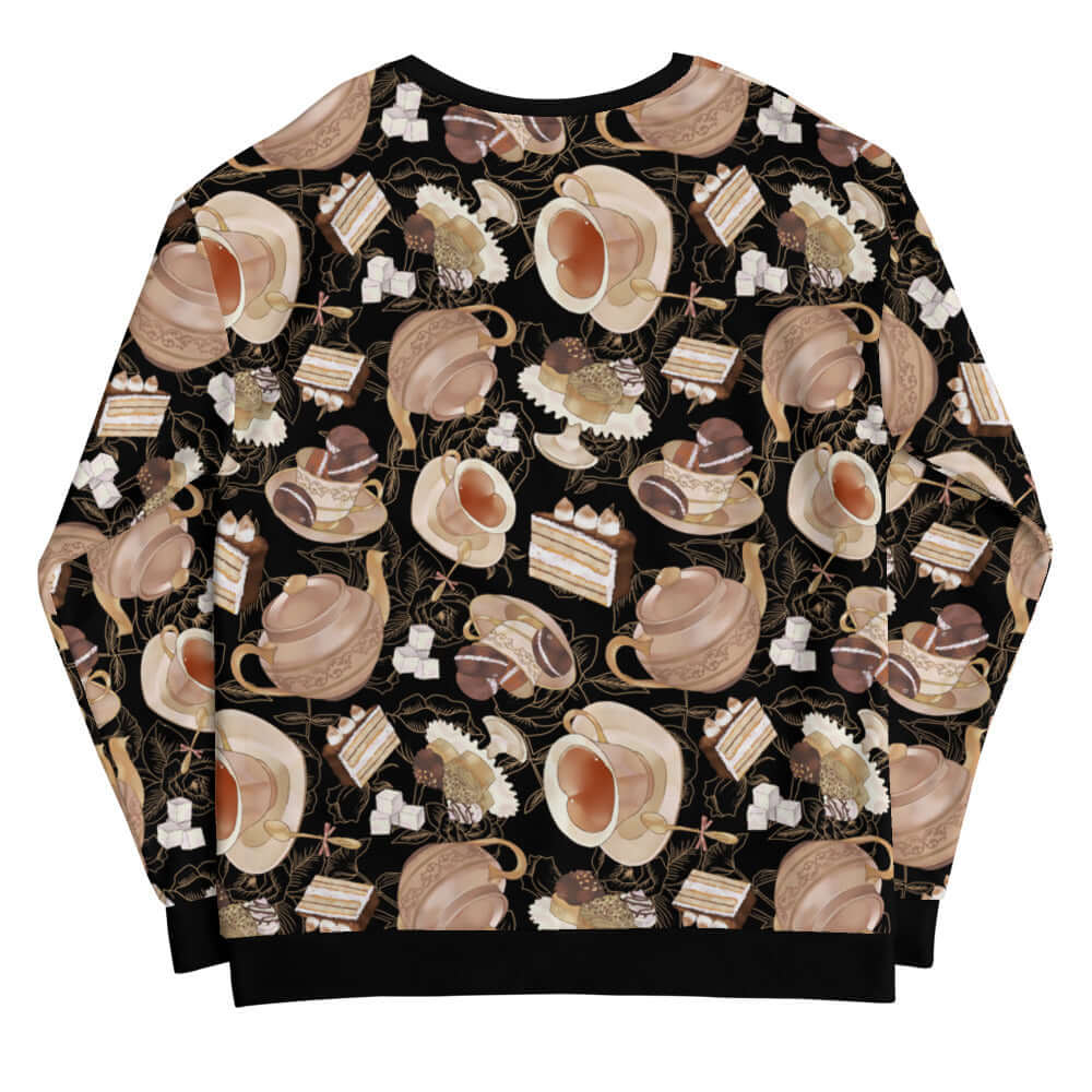 Stylish Café Sweatshirt featuring a delightful pattern of teacups and desserts, perfect for cozy gatherings.