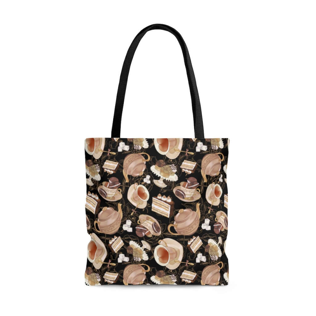 Stylish Café Tote Bag (Black) featuring a charming coffee-themed design, perfect for any occasion.