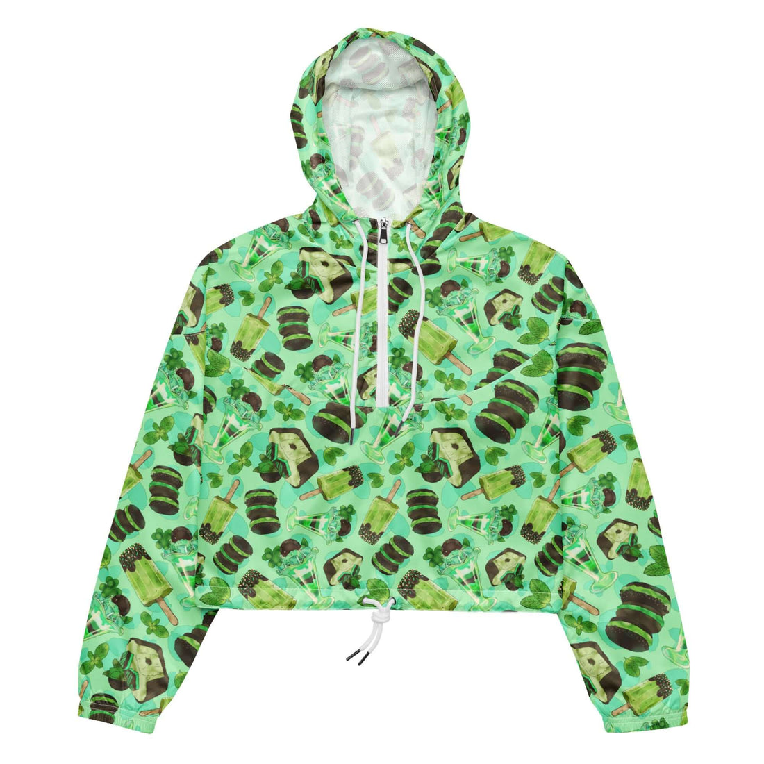 Stylish Choco Mint cropped windbreaker, perfect for adventures with its lightweight, waterproof design and adjustable features.