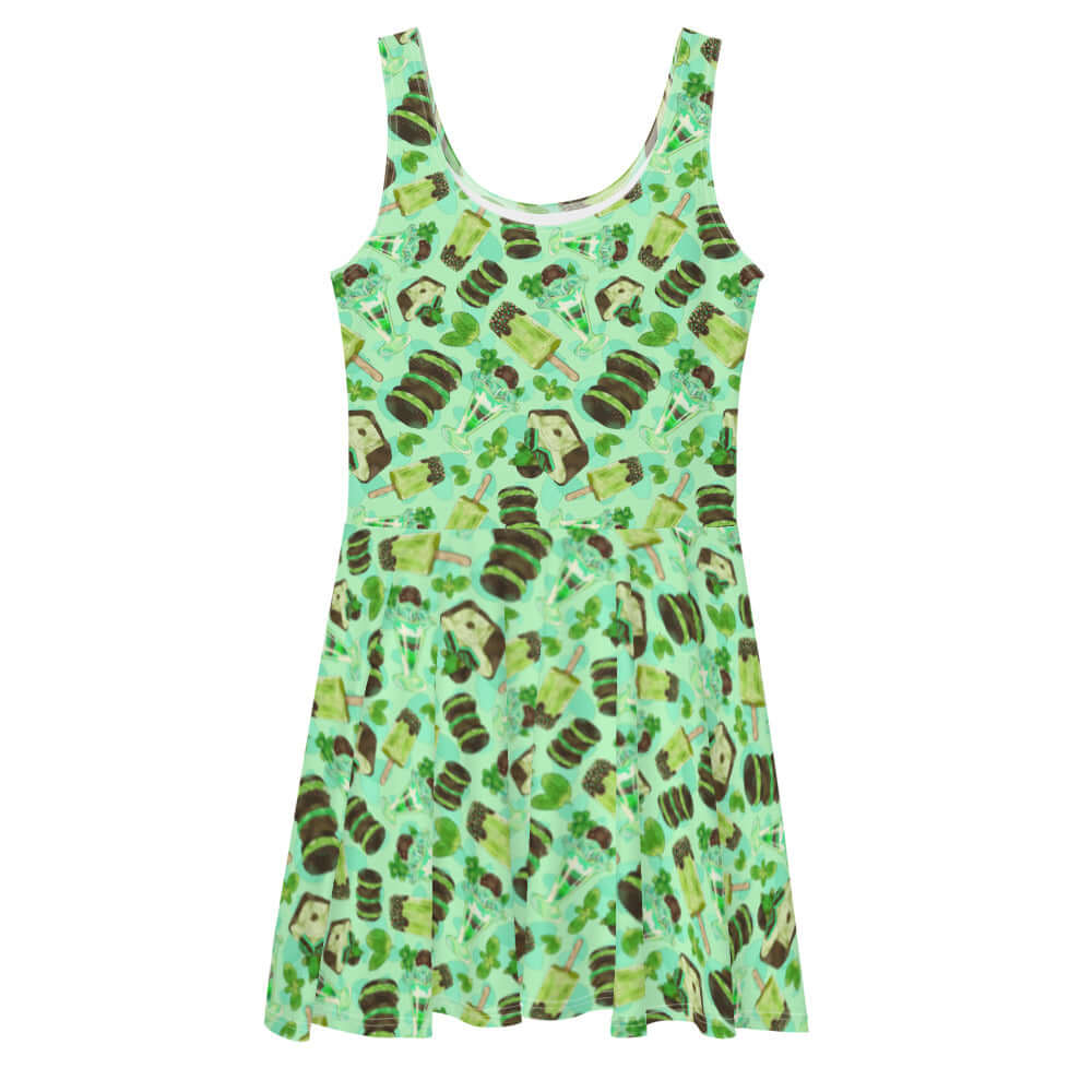 Choco Mint Skater Dress features a playful mint pattern, perfect for a refreshing and stylish outfit.