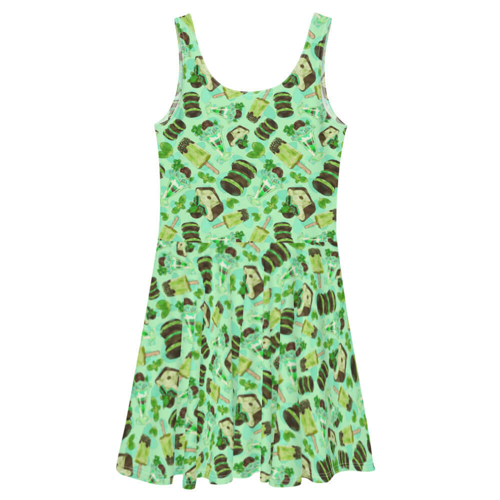 Choco Mint Skater Dress features a refreshing mint print, perfect for stylish summer outings and sweet cravings.