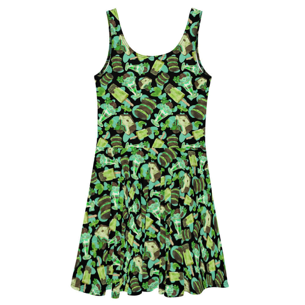 Choco Mint Skater Dress features a vibrant mint and green print, perfect for a refreshing summer look.