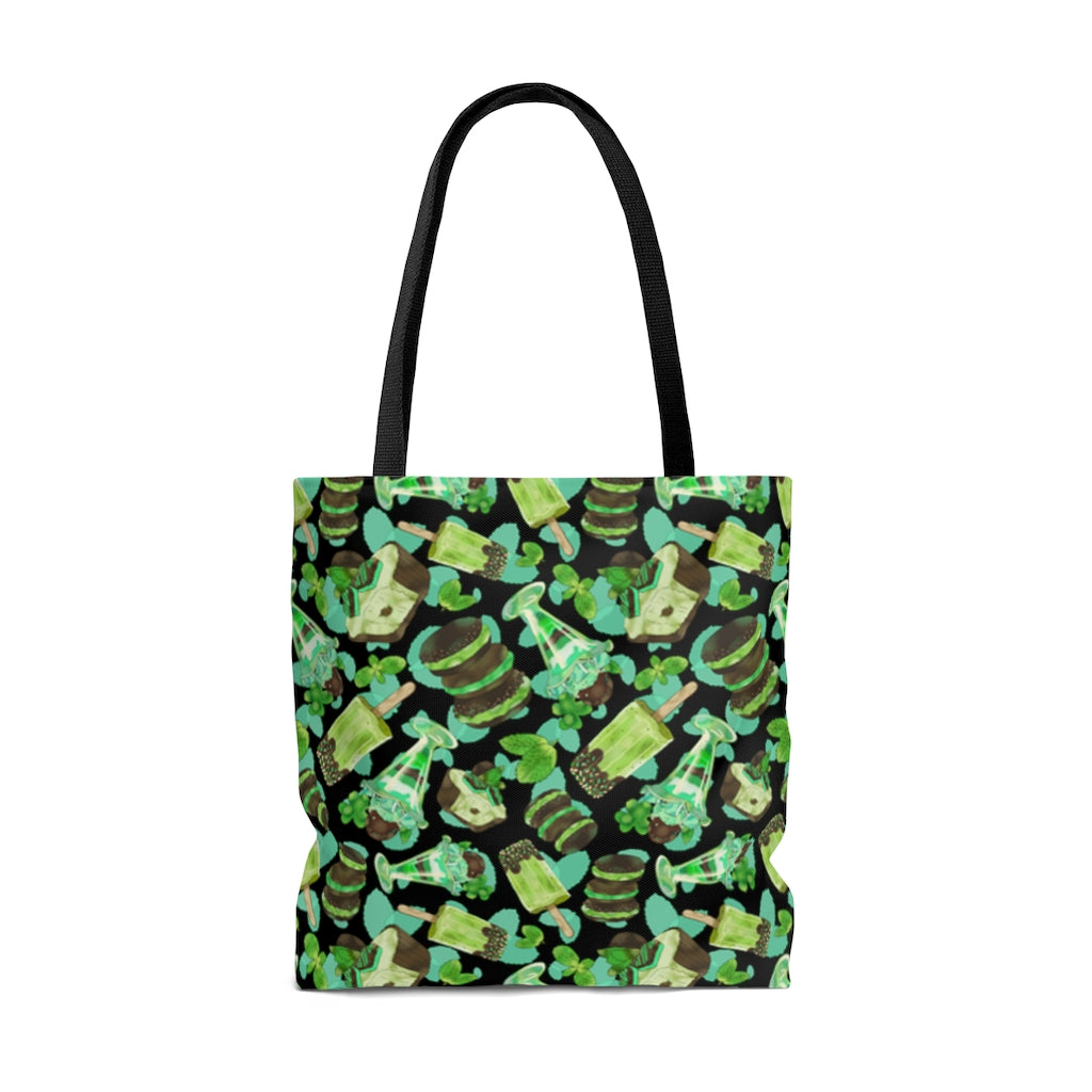 Choco Mint Tote Bag (Black) features a vibrant design, perfect for brightening your day while carrying essentials.