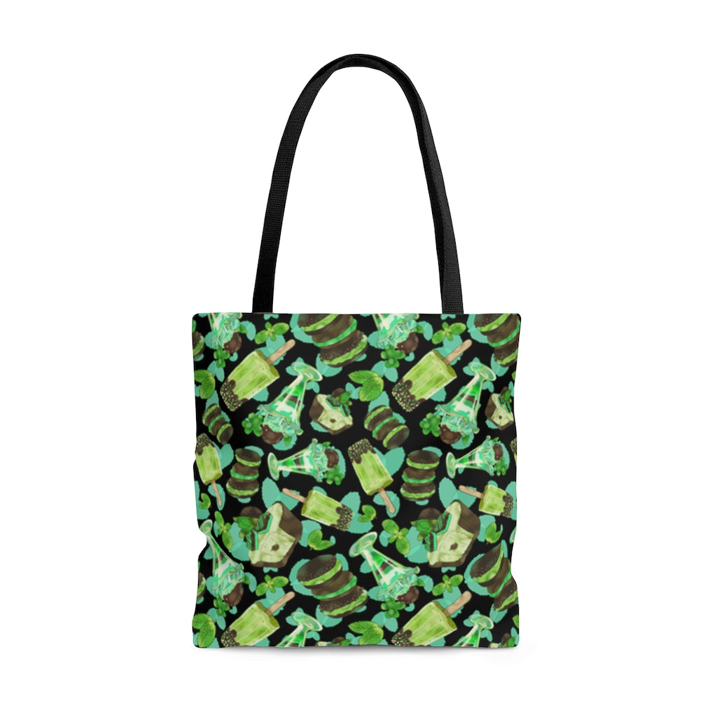 Choco Mint Tote Bag (Black) features a vibrant pattern, perfect for brightening your day with style and functionality.