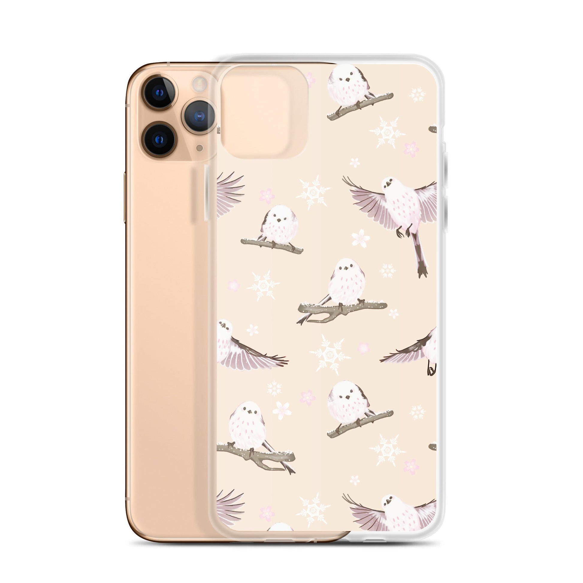Stylish Snow Bird iPhone® Clear Case protects against scratches and dirt, featuring a solid back and flexible sides.