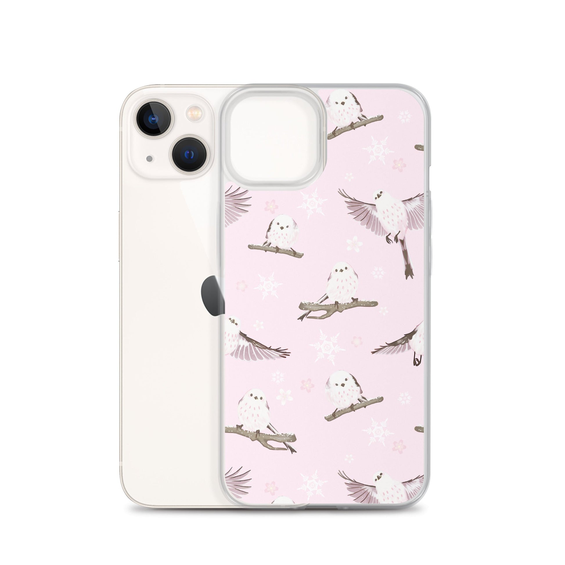 Sleek Snow Bird iPhone® Clear Case with a pink design, offering protection from scratches and easy access to ports.