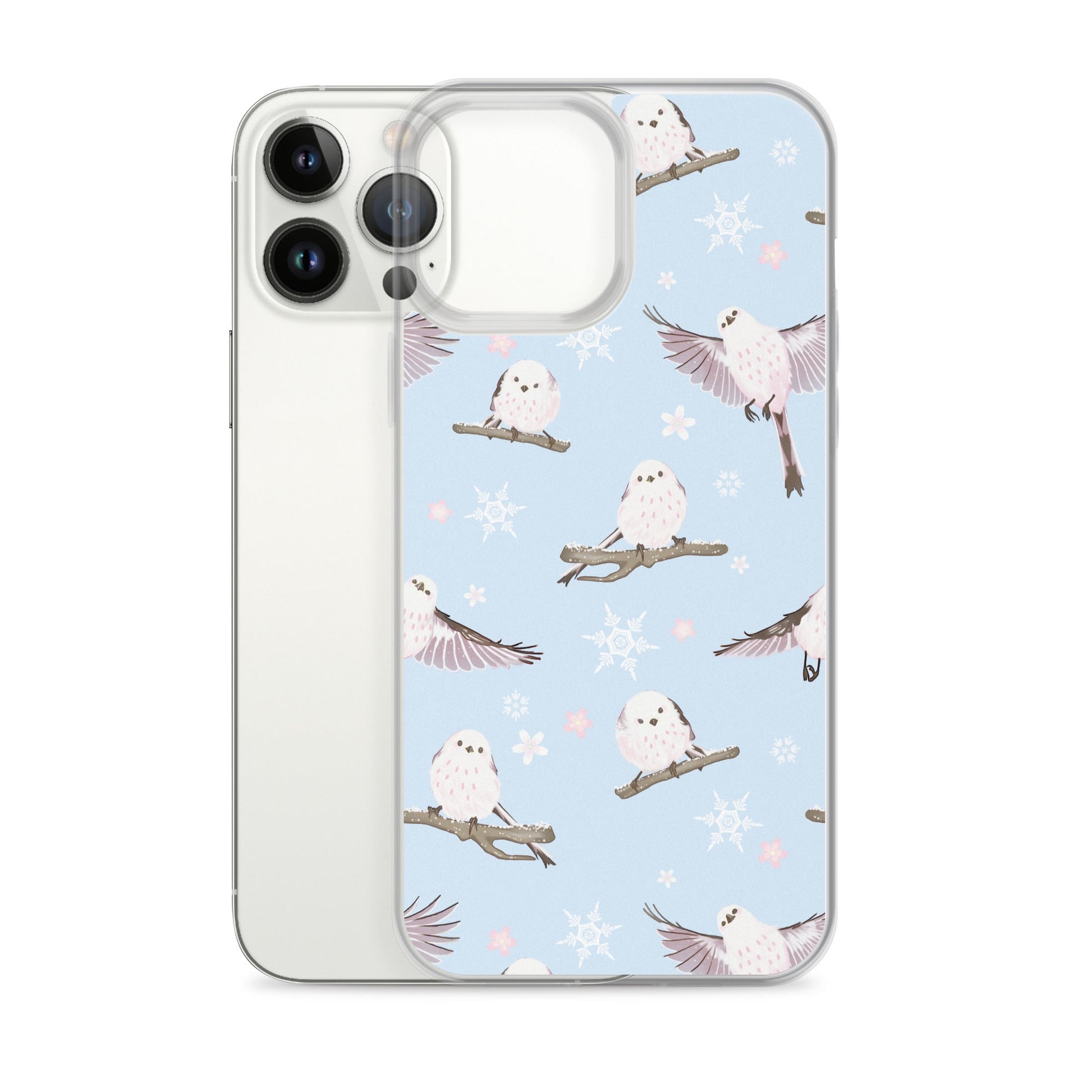 Sleek Snow Bird iPhone® Clear Case offers protection with a stylish design featuring adorable birds and snowflakes.