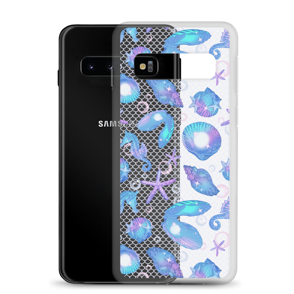 Showcase the Sea Princess Samsung® Clear Case with vibrant seashells and stars, perfect for protecting your phone in style.