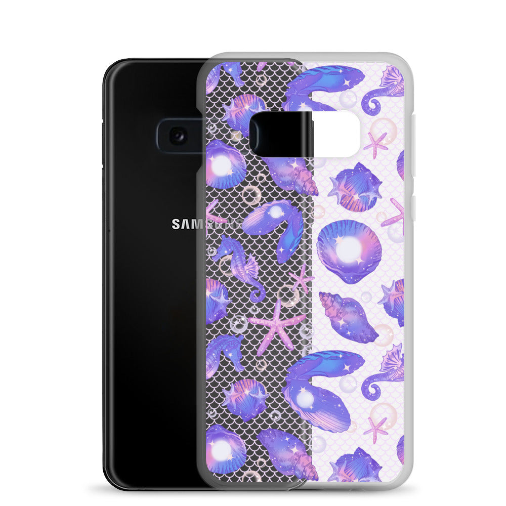 Showcasing the Sea Princess Samsung® Clear Case, featuring seashells and sparkles for stylish phone protection.