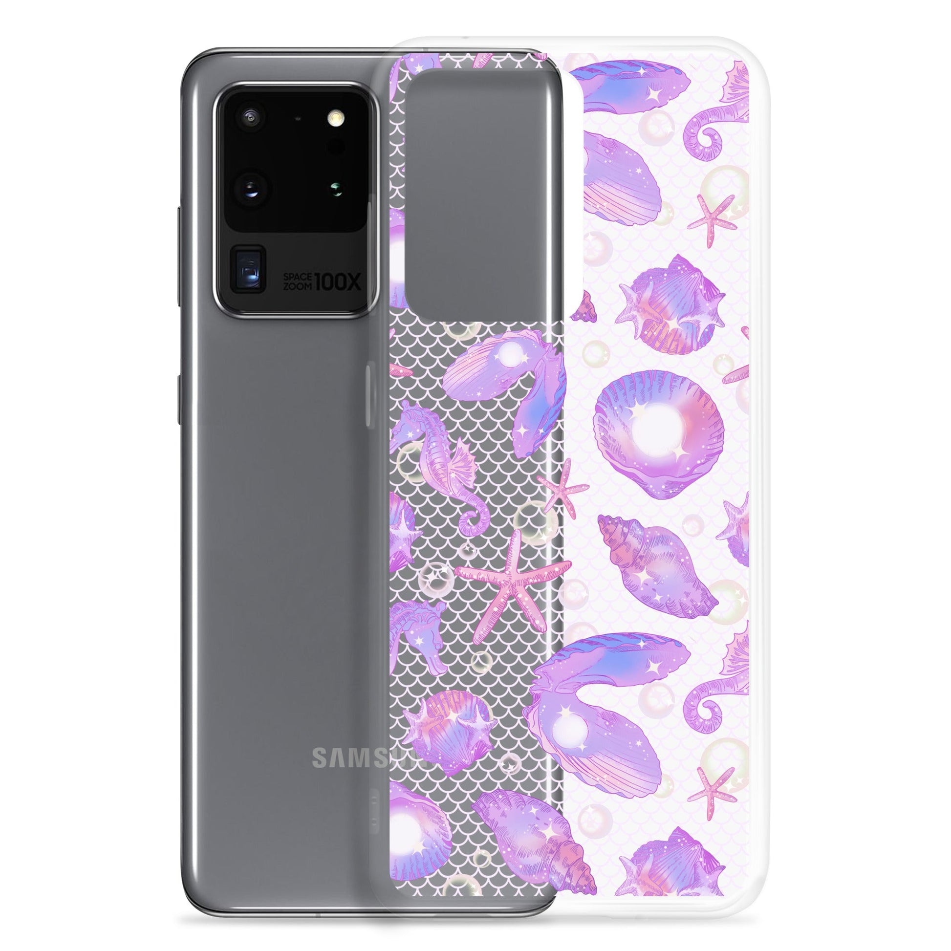Stylish Sea Princess Samsung® Clear Case featuring seashells and sparkles, perfect for protecting your phone in style.