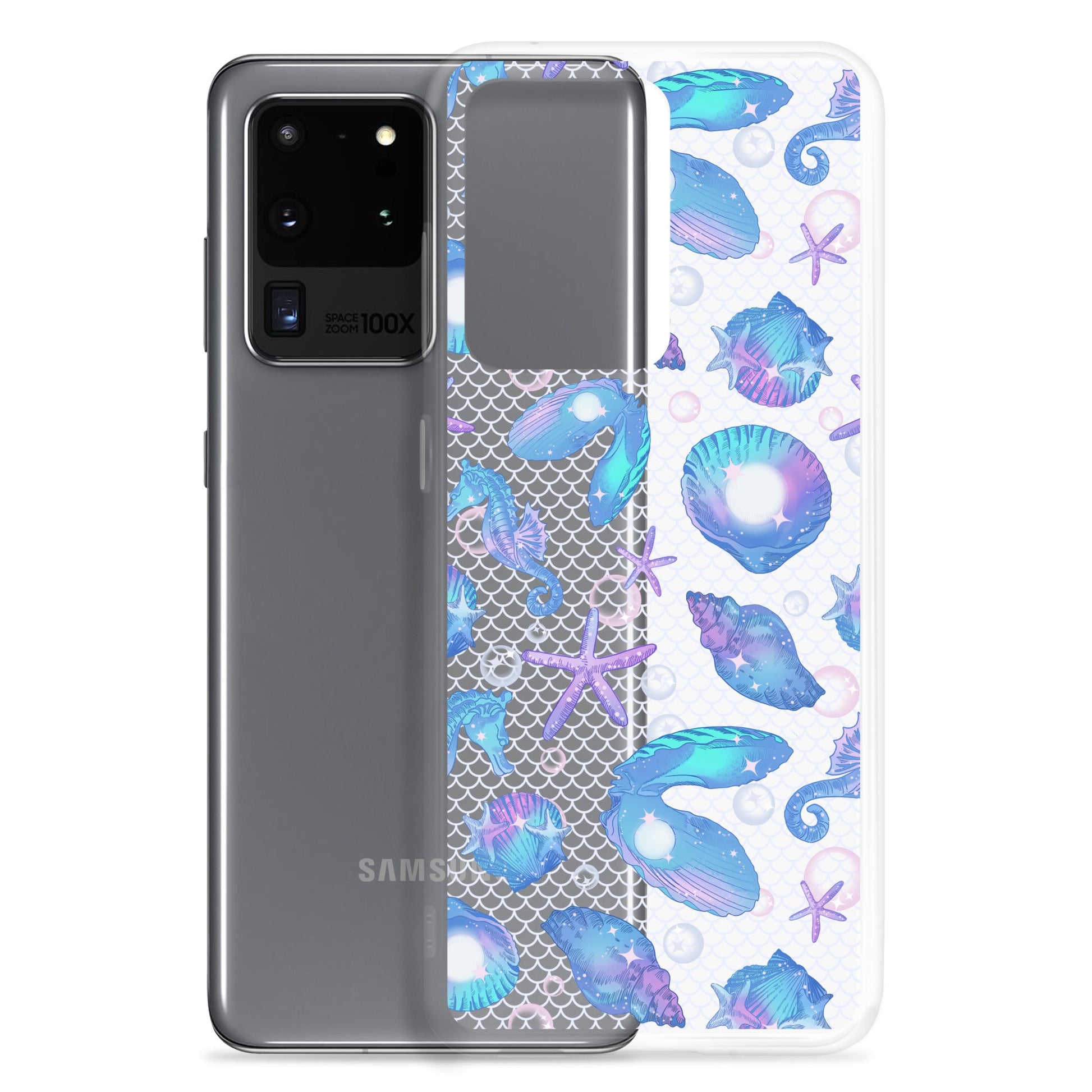 Stylish Sea Princess Samsung® Clear Case featuring seashells and sparkles, perfect for protecting your Galaxy phone.