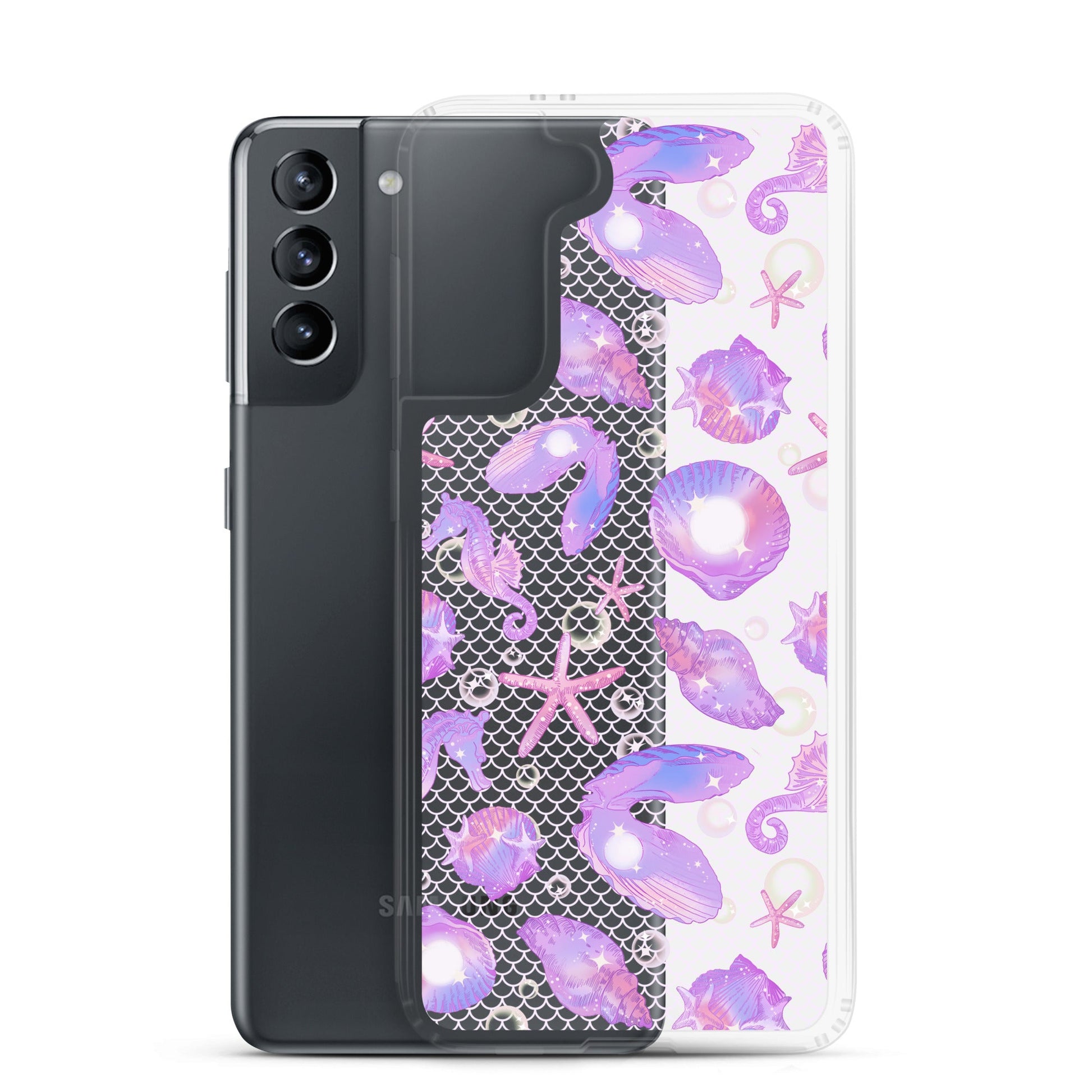Stylish Sea Princess Samsung® Clear Case featuring seashells and sparkles, perfect for protecting your phone.