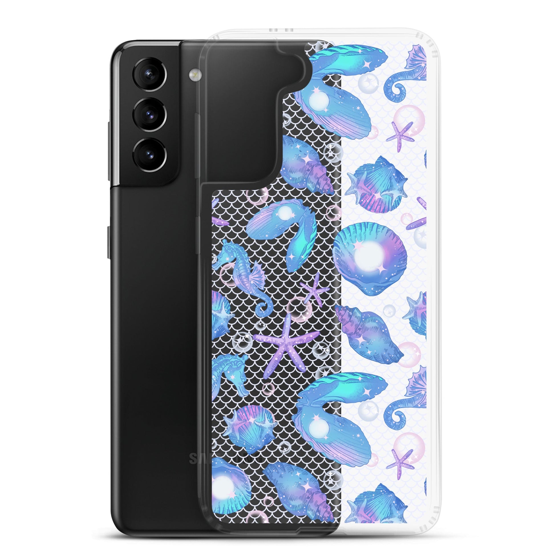 Showcasing the Sea Princess Samsung® Clear Case with a stunning design of seashells and sparkles for ultimate phone protection.