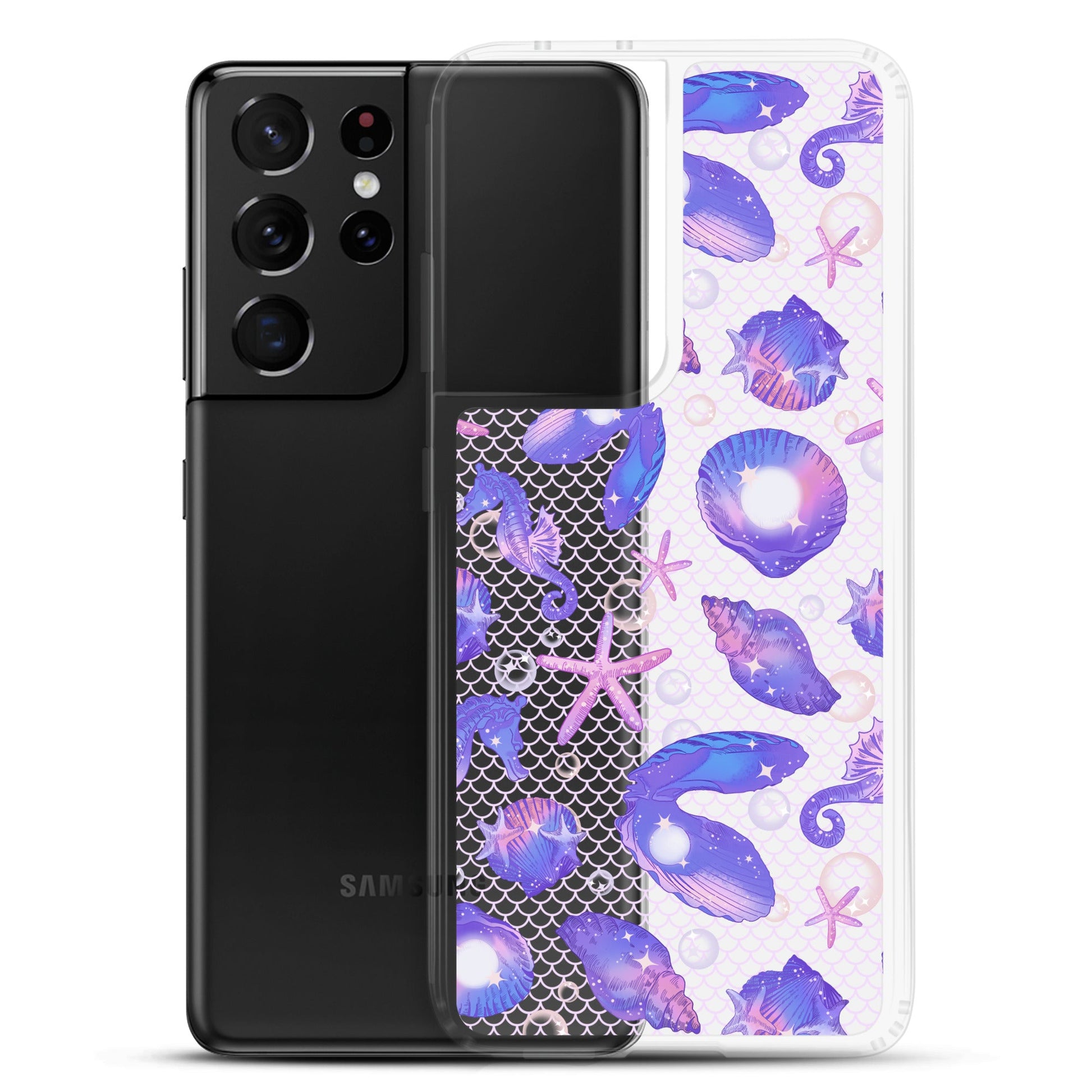 Stylish Sea Princess Samsung® Clear Case featuring seashells and sparkles, perfect for protecting your phone in style.