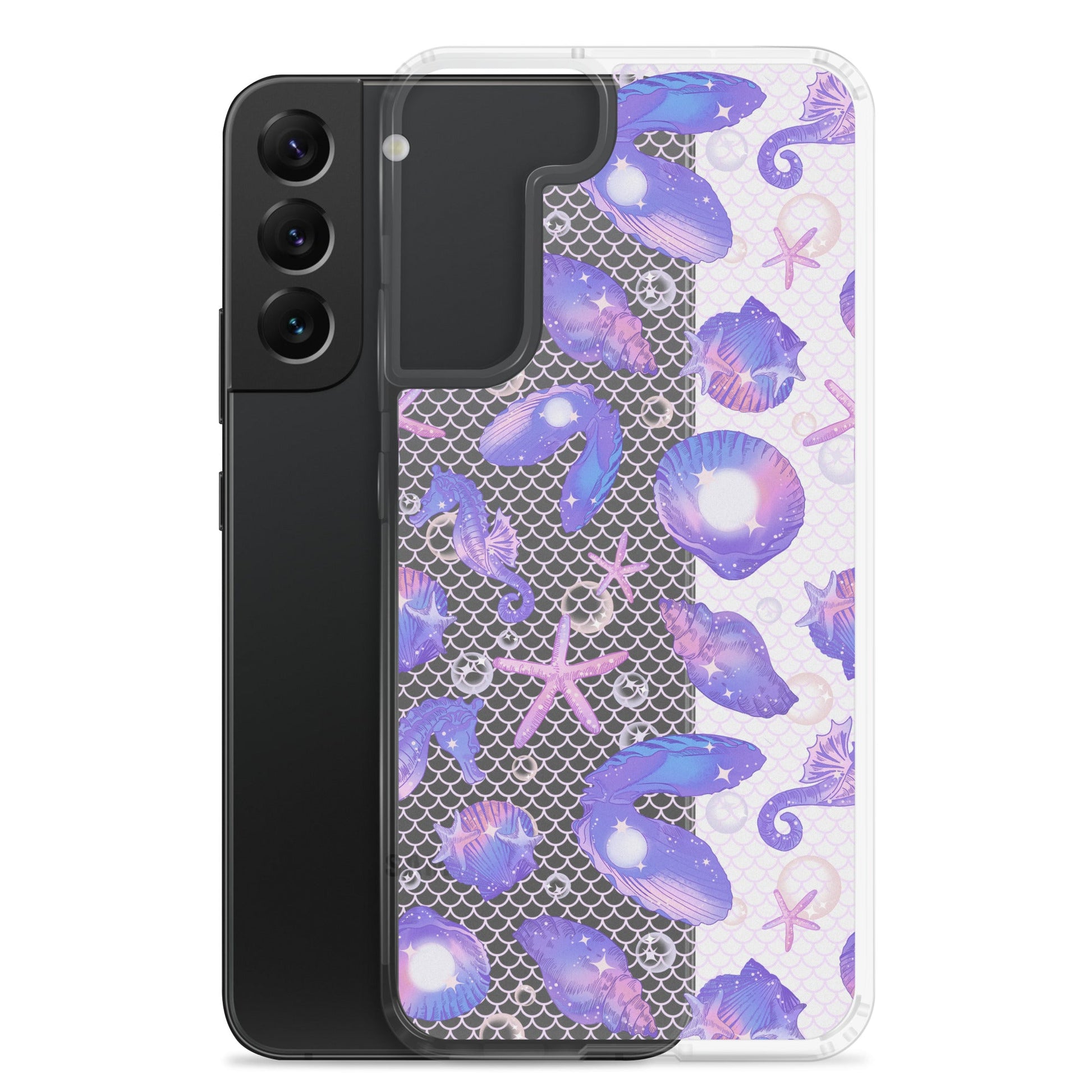 Showcasing the Sea Princess Samsung® Clear Case with vibrant seashells and sparkles for stylish phone protection.