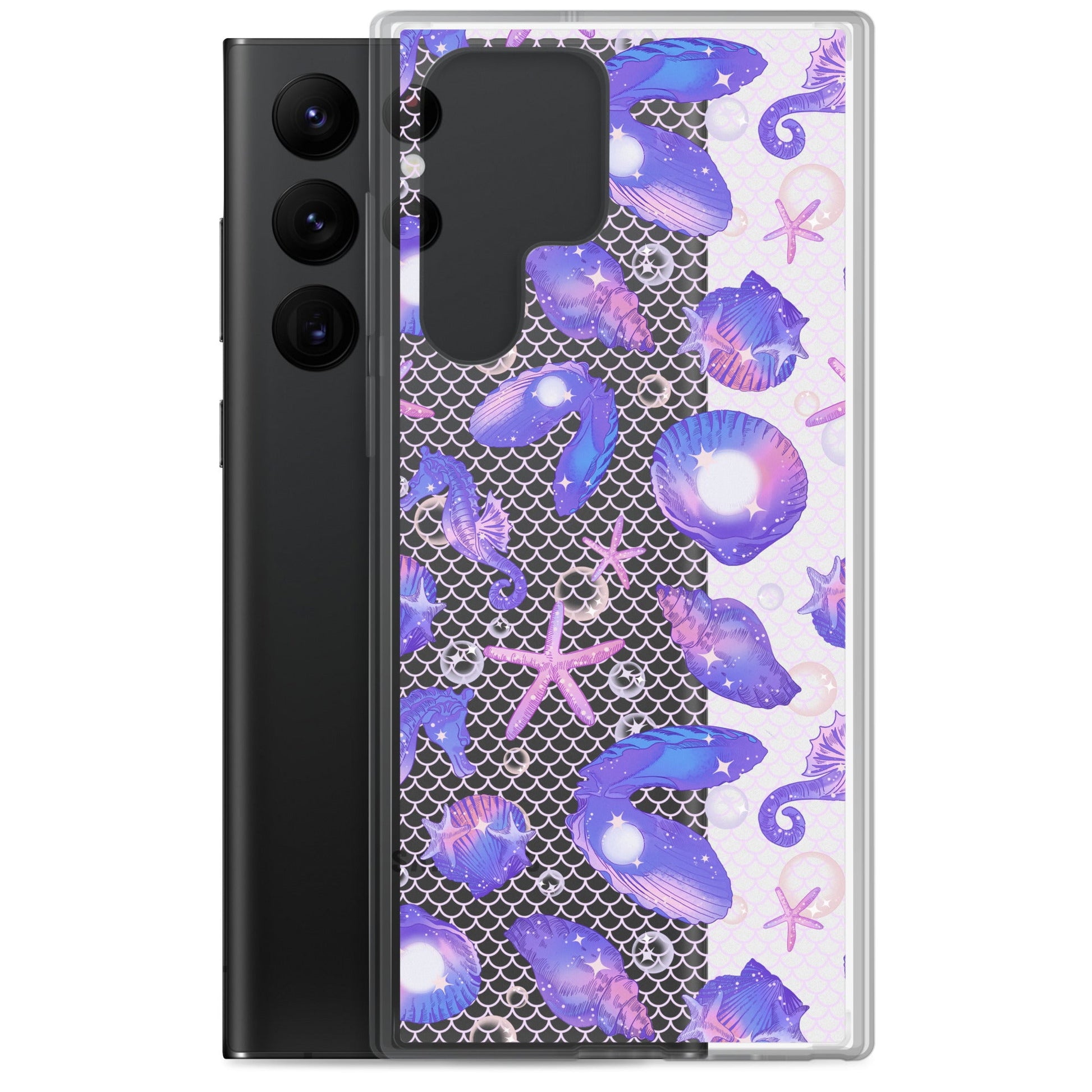 Stylish Sea Princess Samsung® Clear Case featuring seashells and stars, protecting your phone with flair.