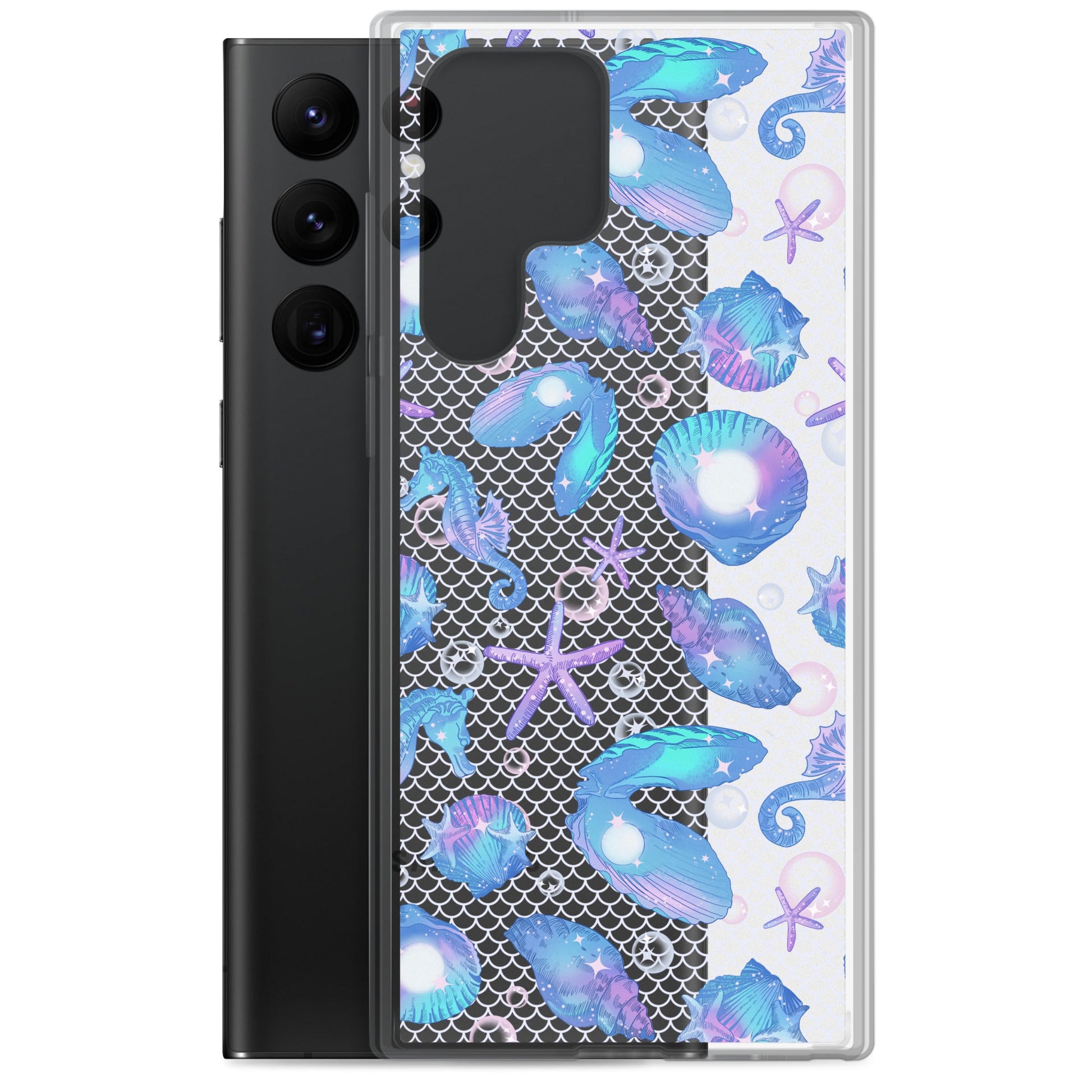 Stylish Sea Princess Samsung® Clear Case featuring seashells and sparkles, offering sleek protection for your phone.