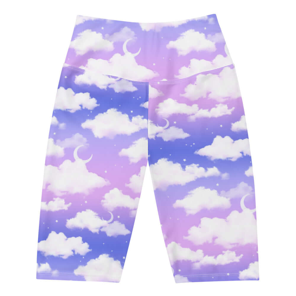 High-waisted Cloudy Sky Biker Shorts featuring a dreamy cloud pattern, perfect for versatile styling and comfort.