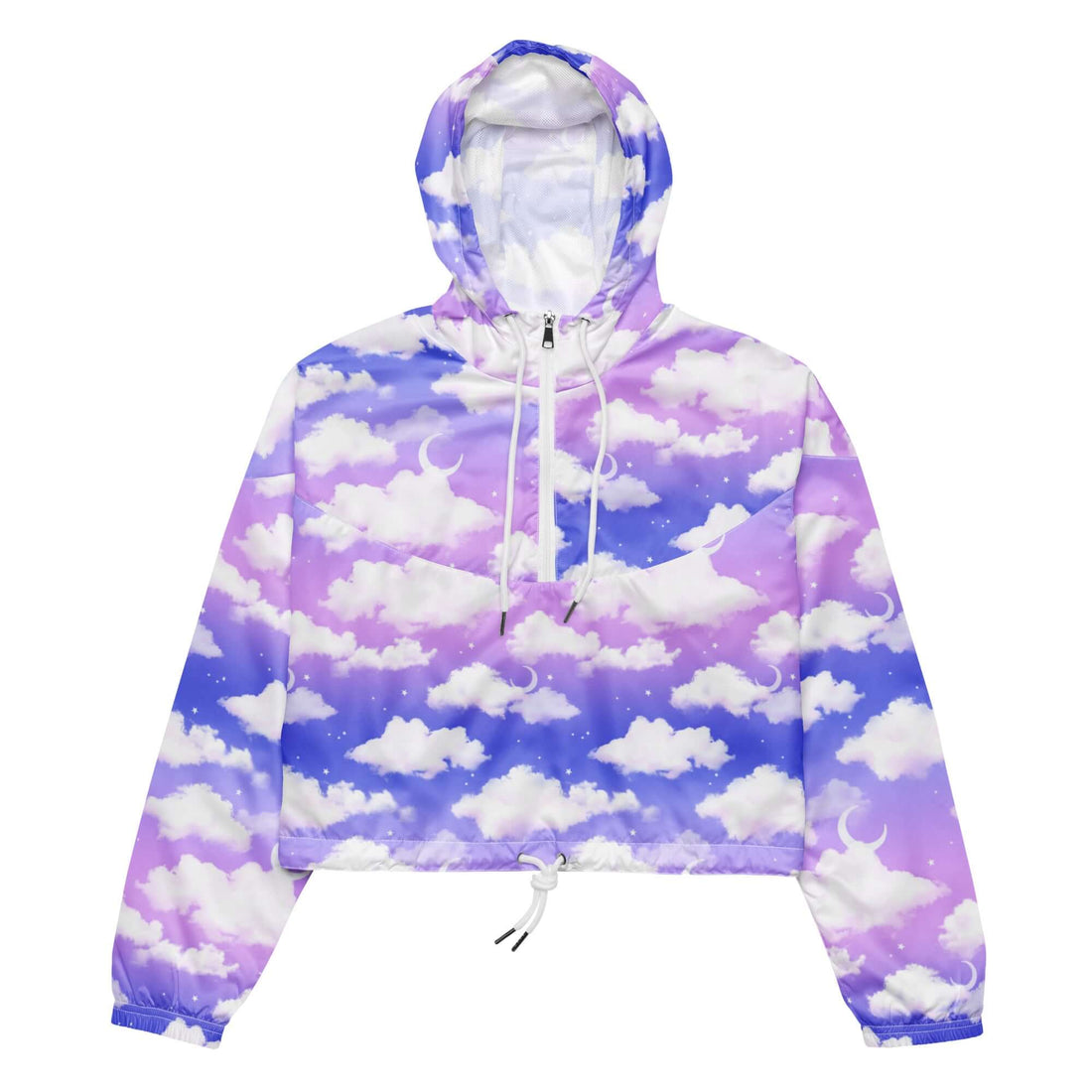 Stylish Cloudy Sky cropped windbreaker, perfect for adventures with its lightweight, waterproof design and adjustable features.