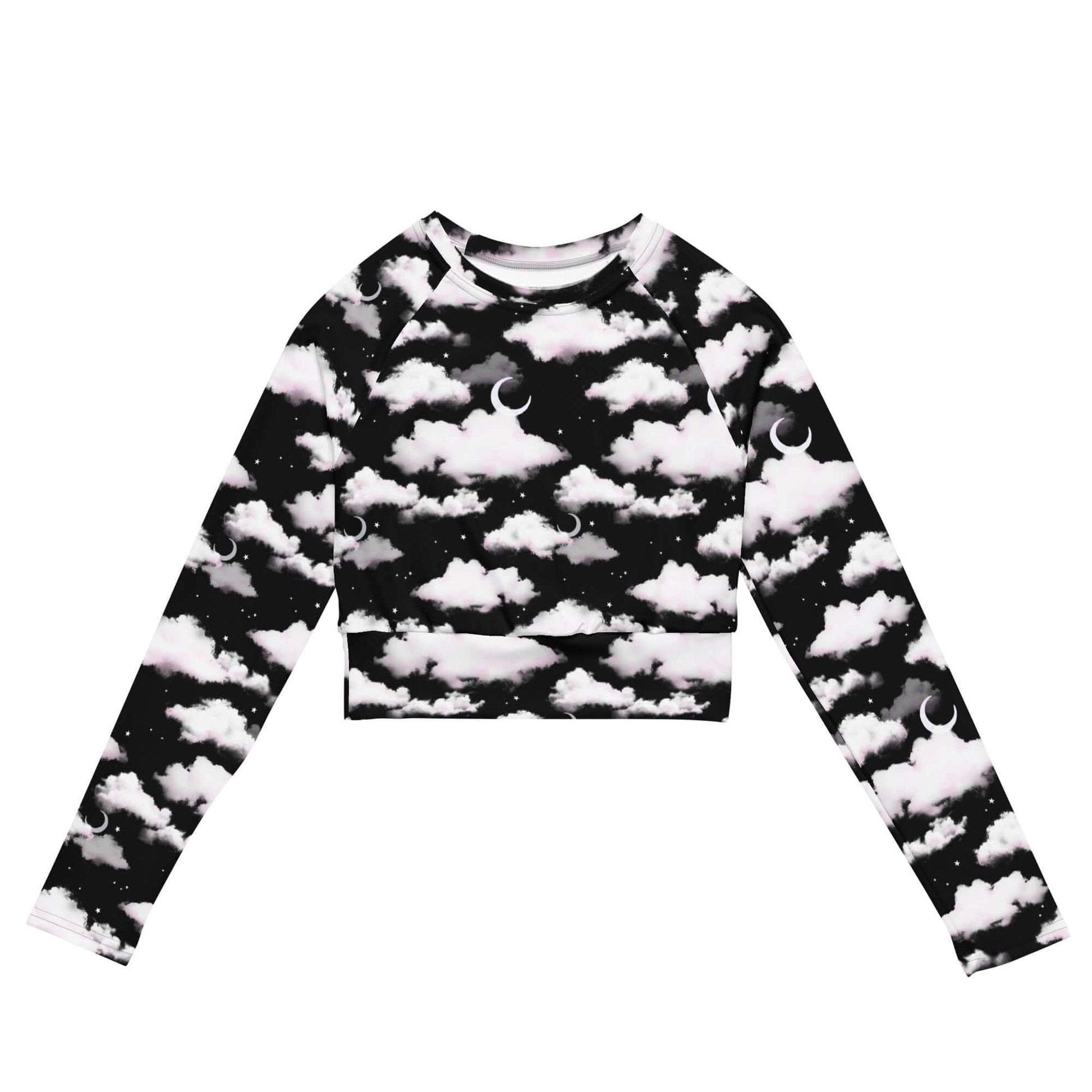 Stylish Cloudy Sky Long-sleeved Crop Top made from recycled materials, perfect for eco-friendly athleisure.