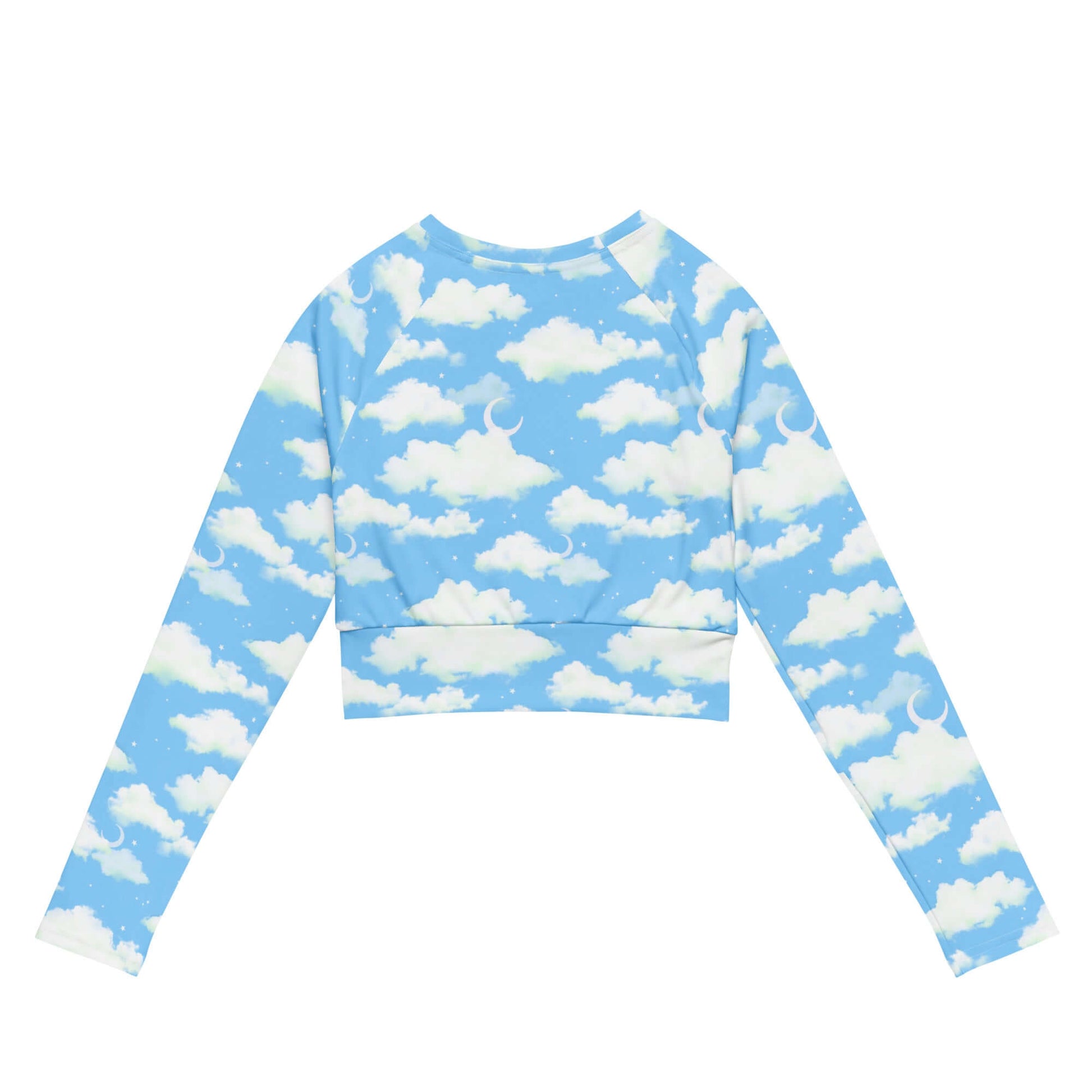 Cloudy Sky Long-sleeved Crop Top featuring a dreamy cloud pattern, perfect for eco-friendly athleisure looks.